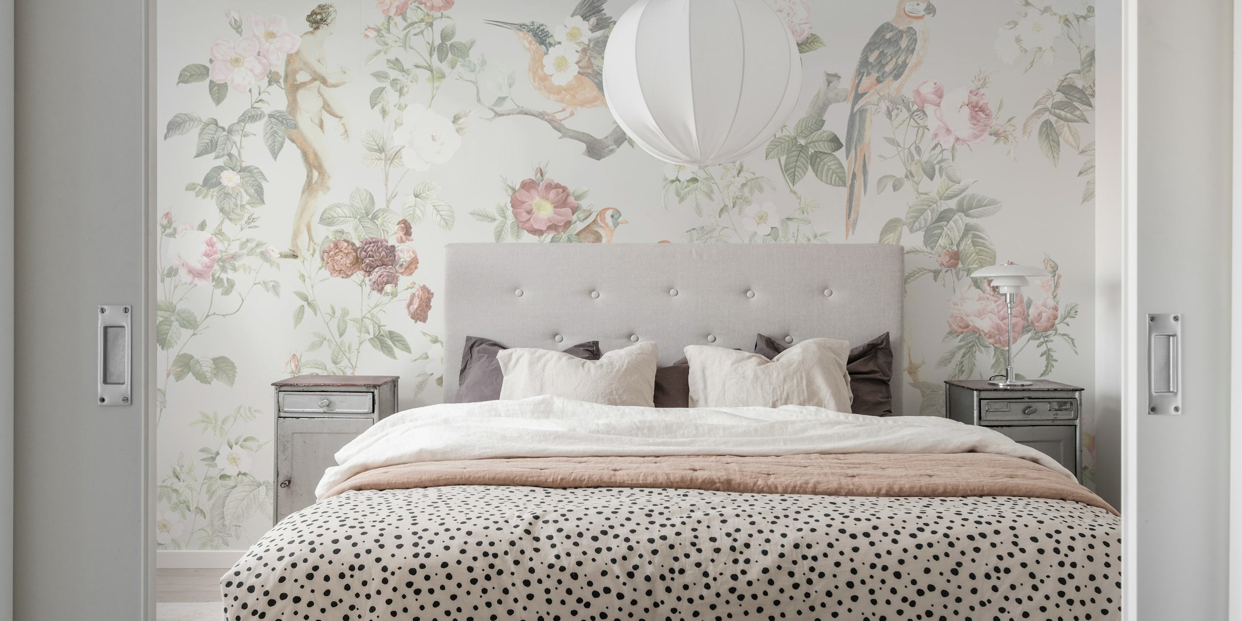 Soft-hued flower and bird illustration wall mural
