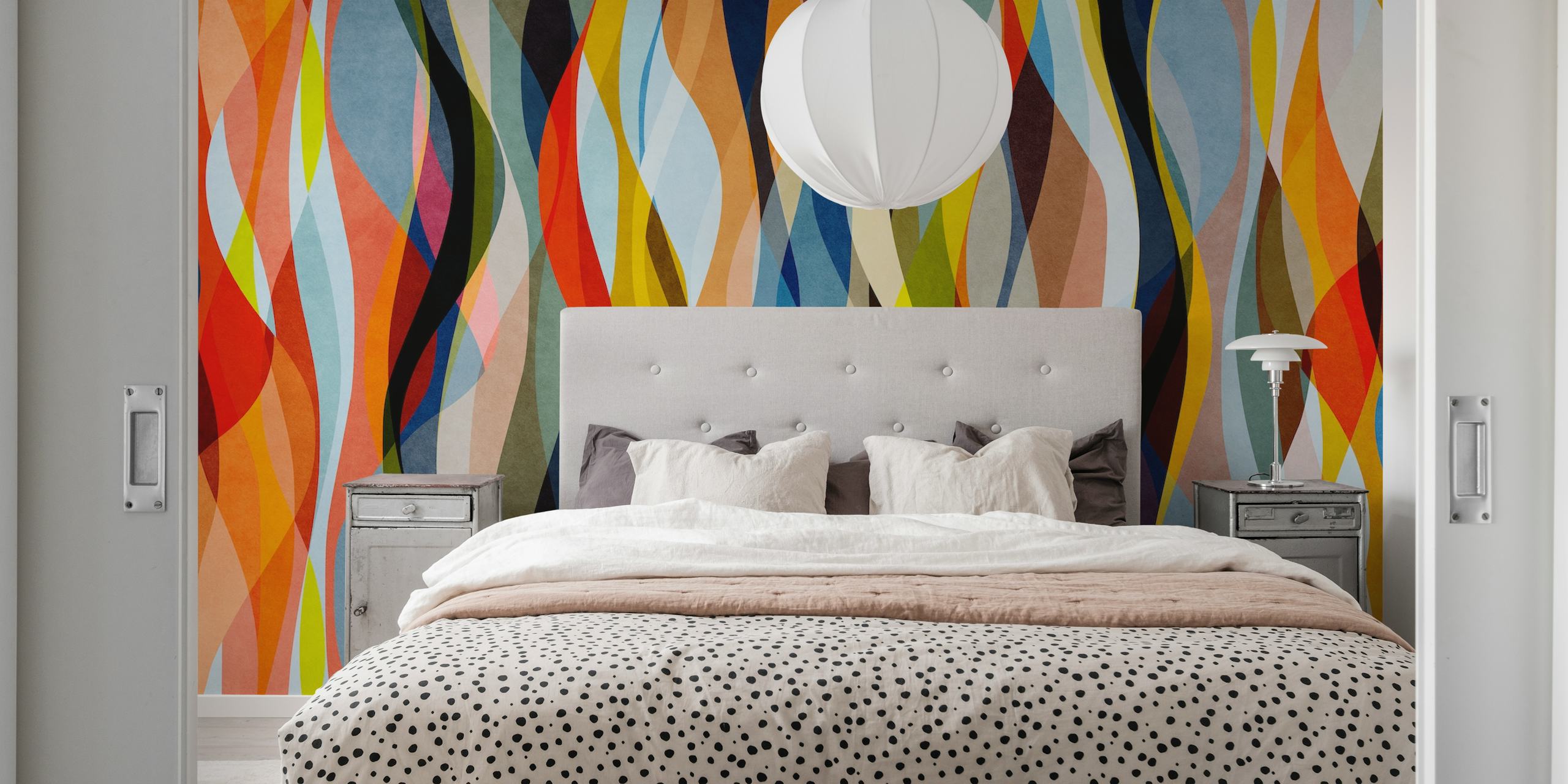 Sinuous and overlapping shapes wallpaper in a room