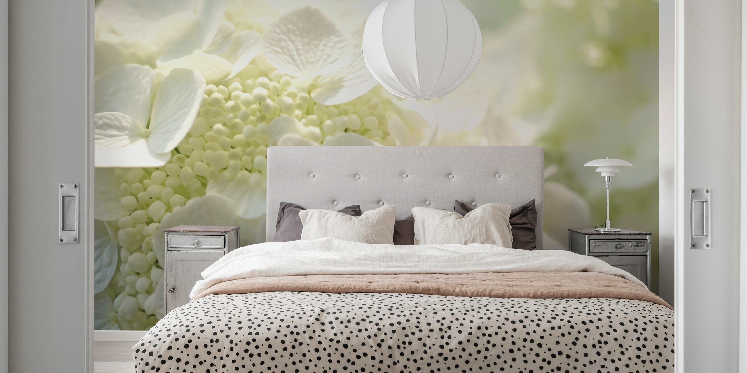Close-up of soft white hydrangea flowers on a wallpaper