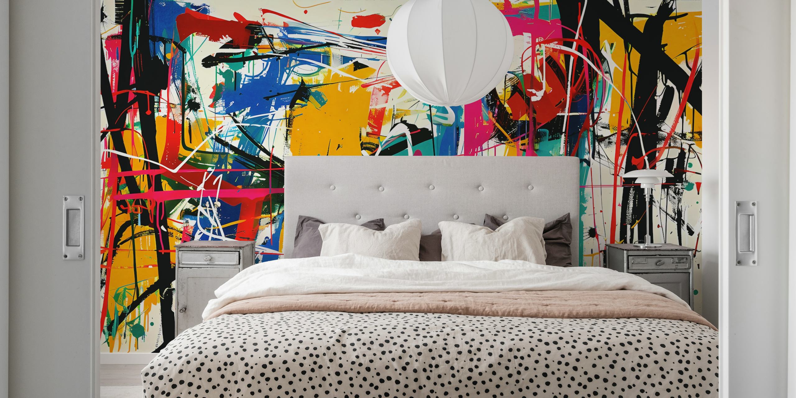 Πολύχρωμη τοιχογραφία σε στυλ street art με αφηρημένα στοιχεία γκράφιτι