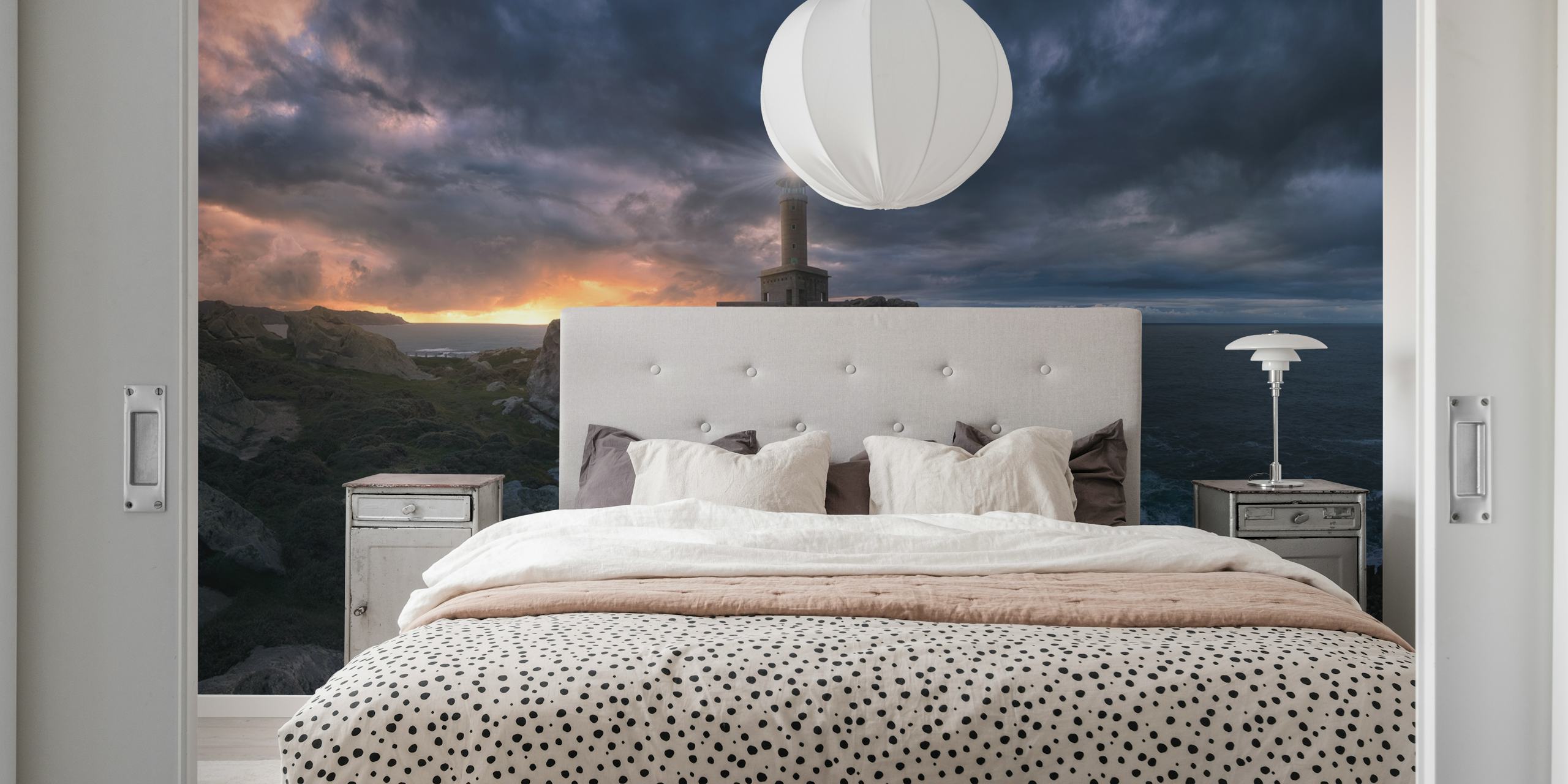 Lighthouse on a cliff wall mural with ocean and twilight sky