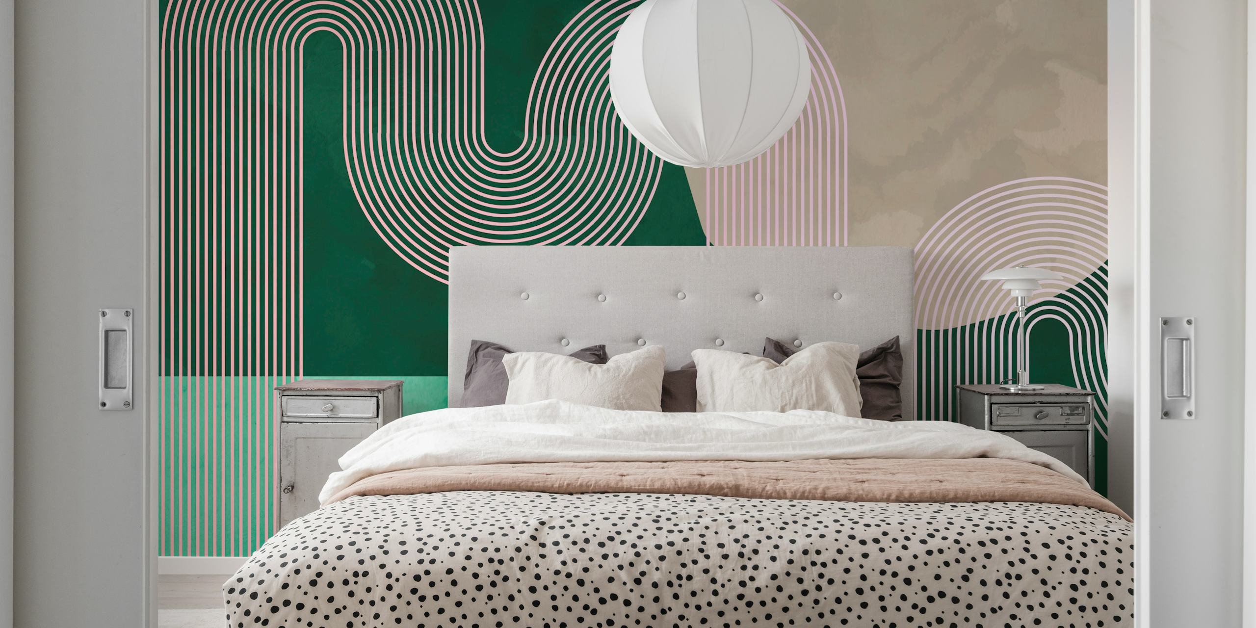 Curvy lines in green and pink tones with a mid century modern style wallpaper