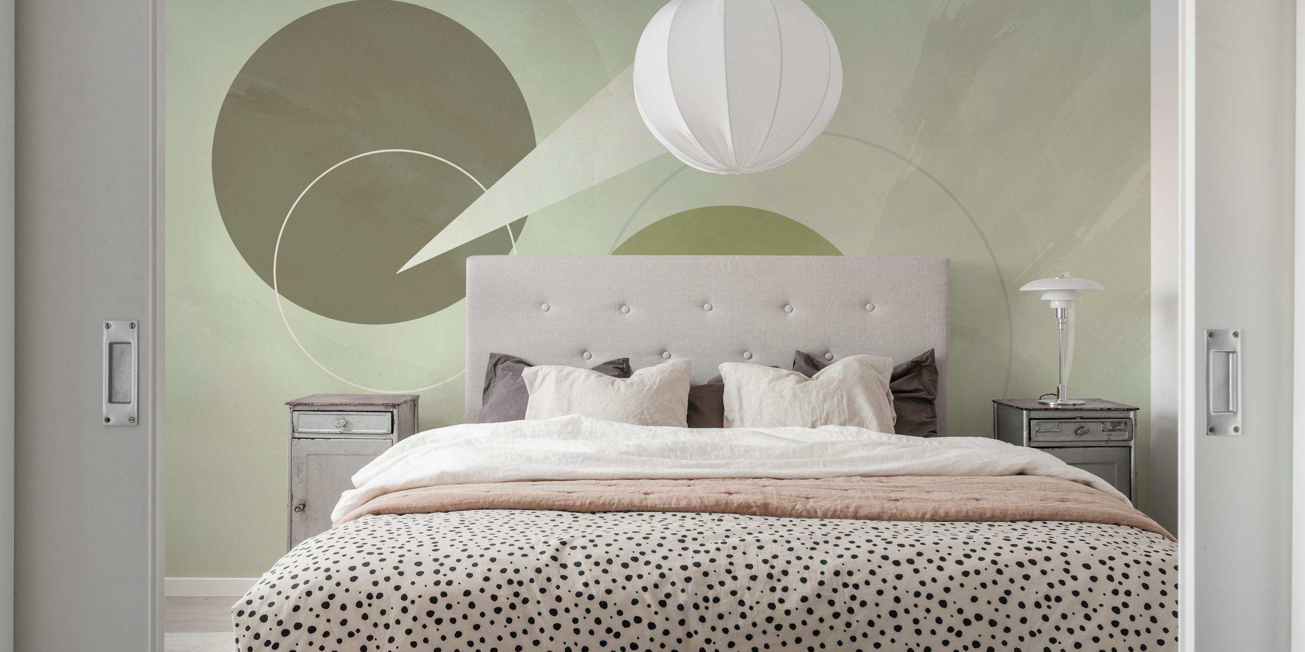 Sage and grey geometric shapes wall mural in mid-century modern style