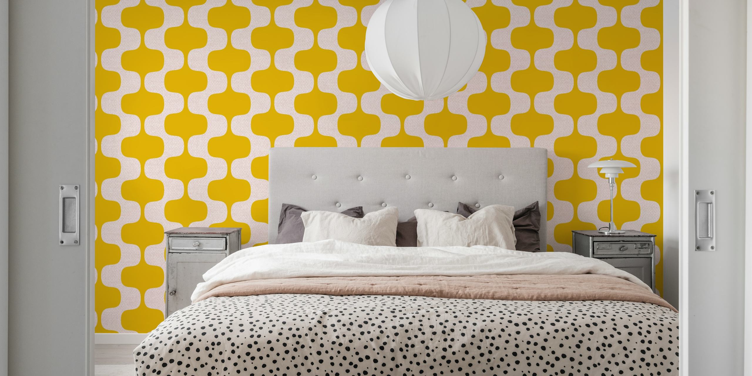 Bold yellow wavy stripes wallpaper in a room