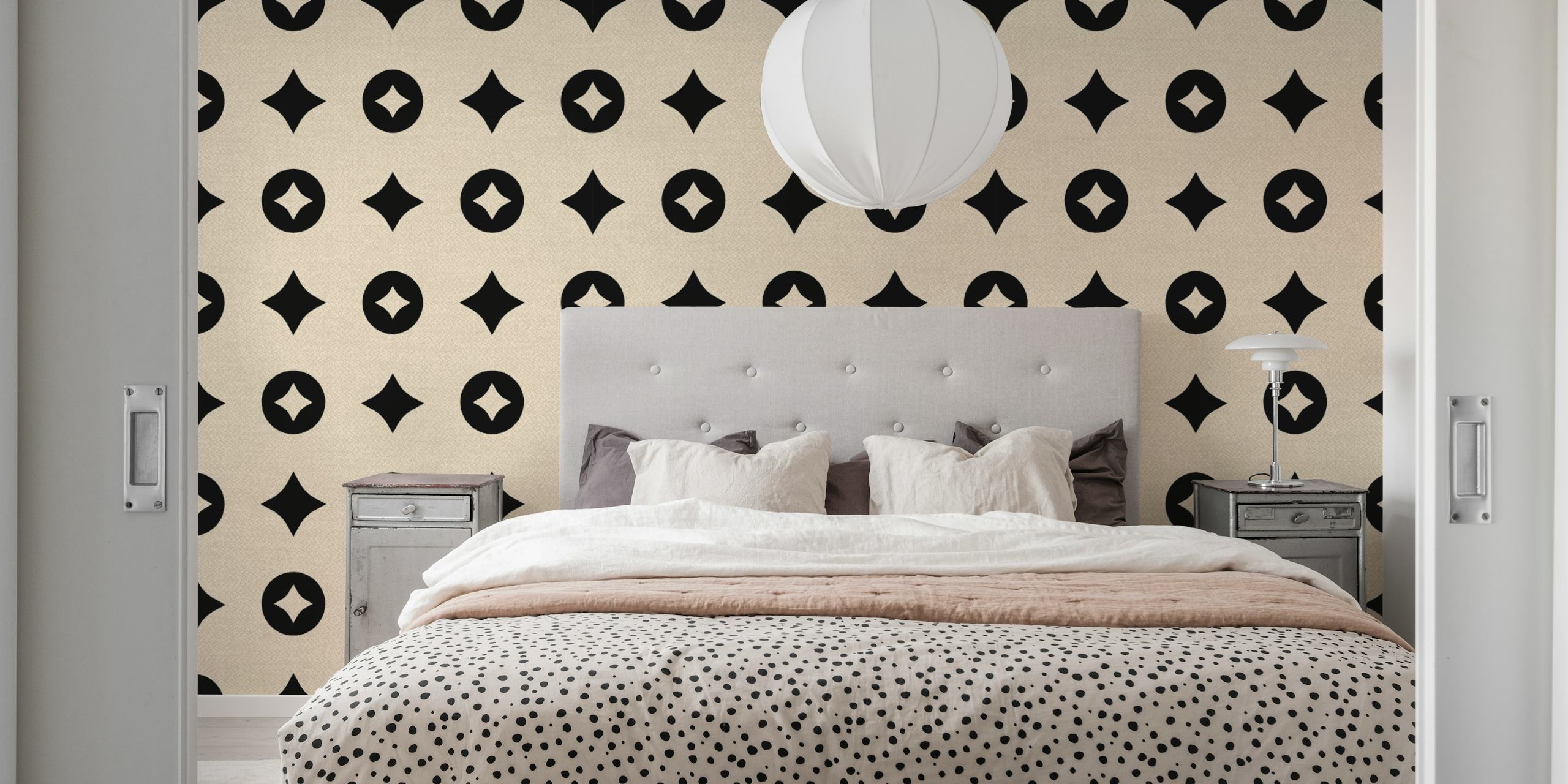 Tan black geometric starburst pattern wallpaper