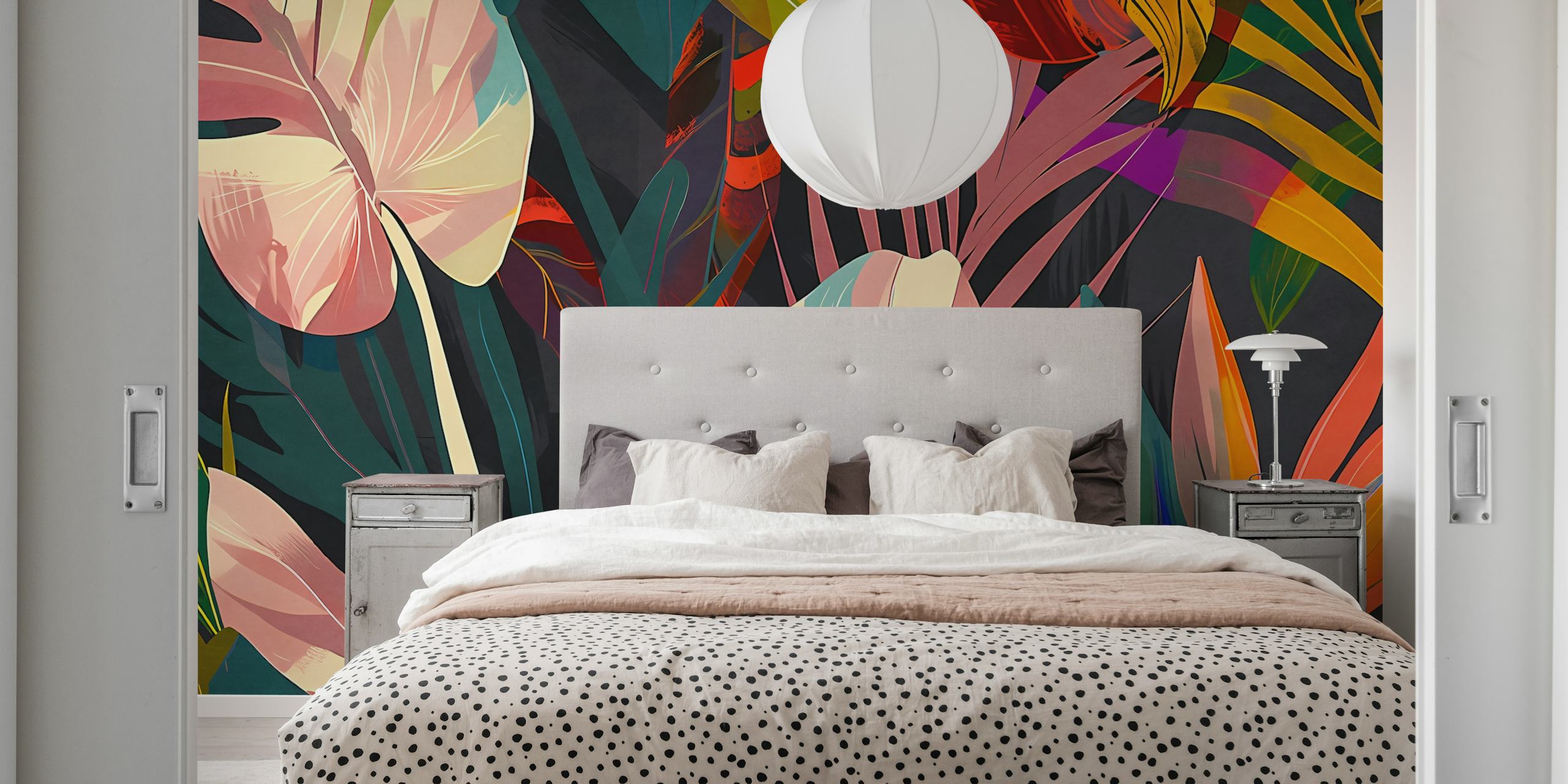 Tropical foliage design featuring colorful leaves on dark background wallpaper