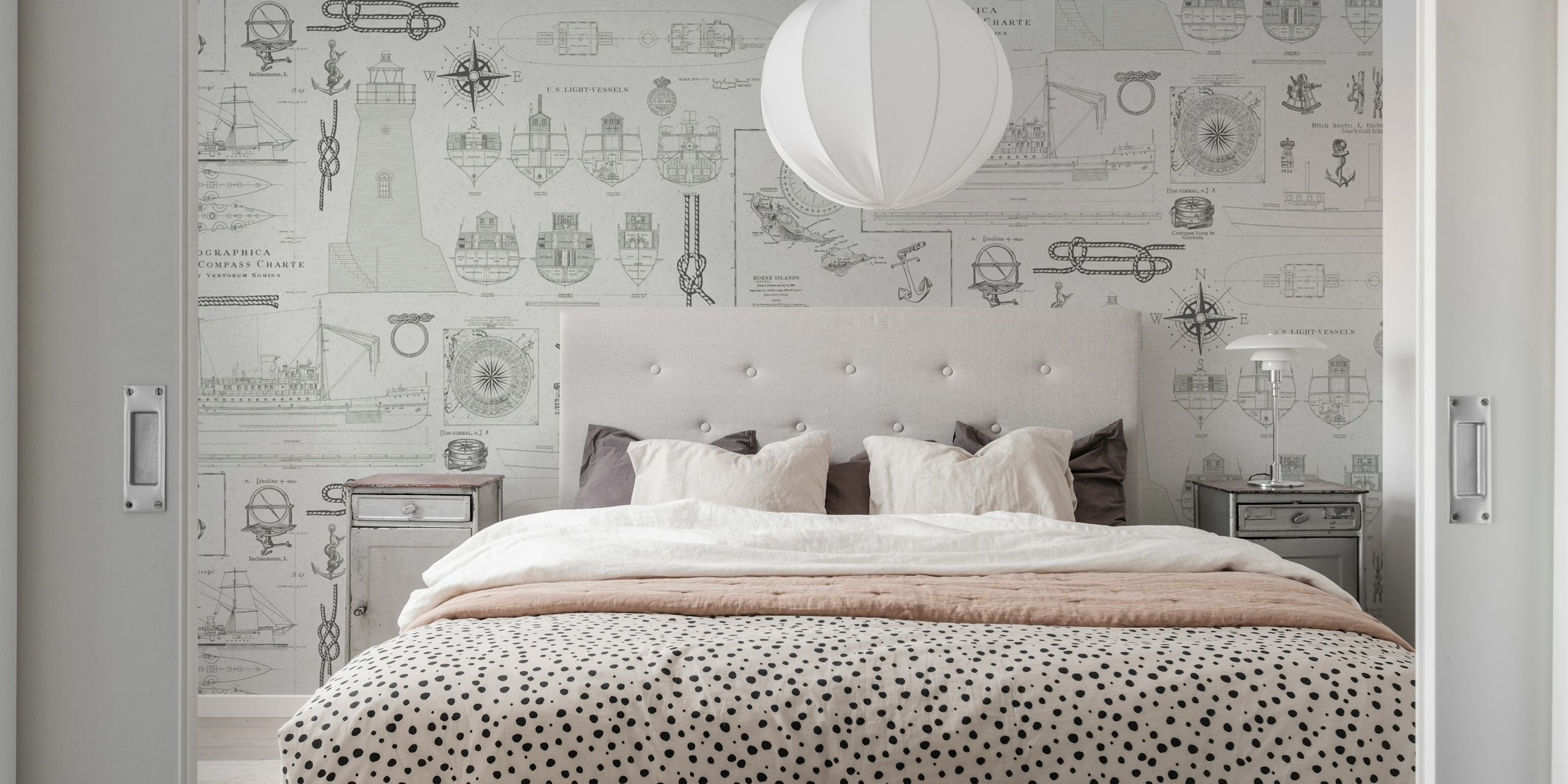 Vintage nautical themed wallpaper in a room