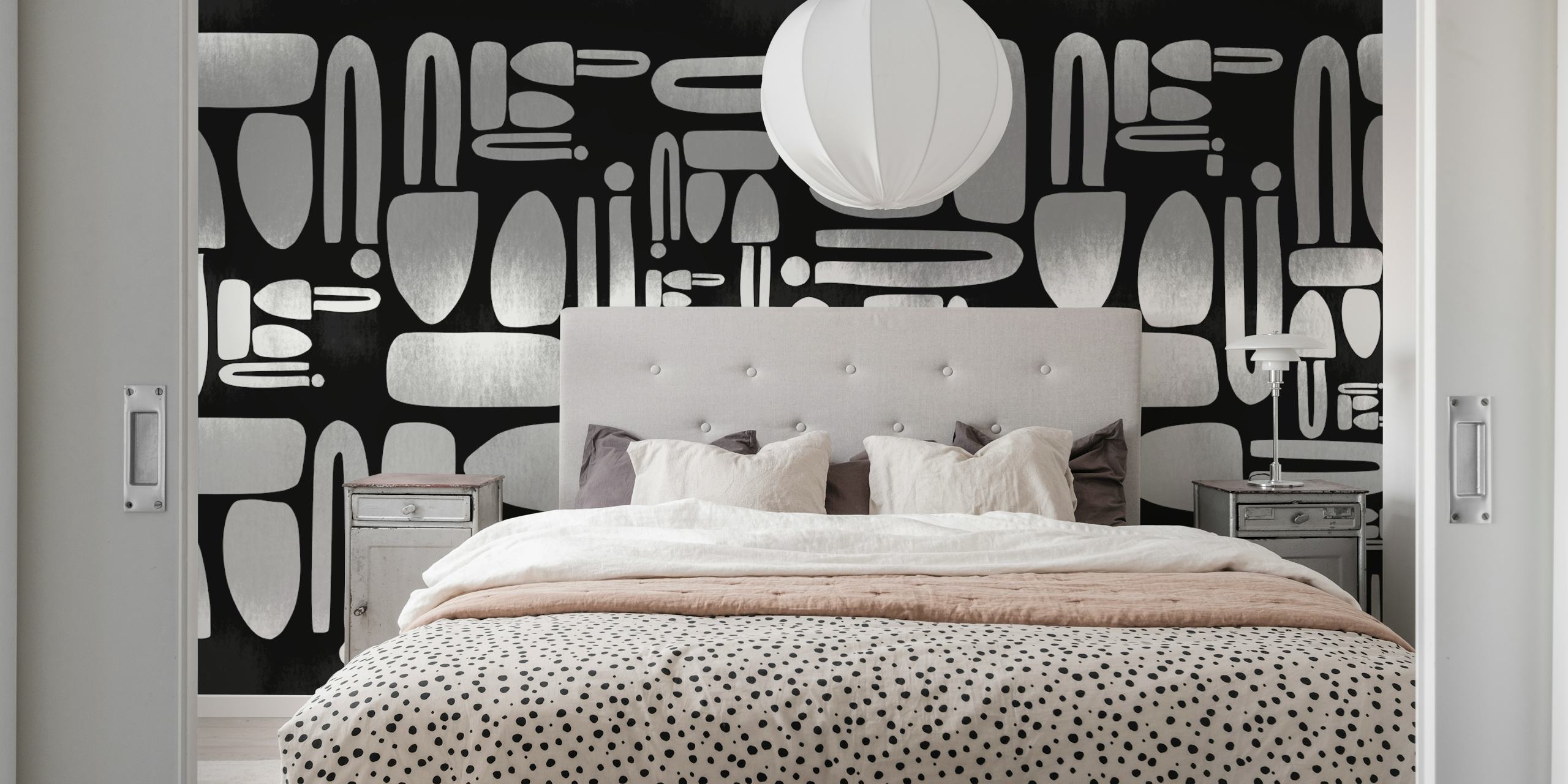 Papier peint Mid-Century Pattern Neutral Gray dans une pièce