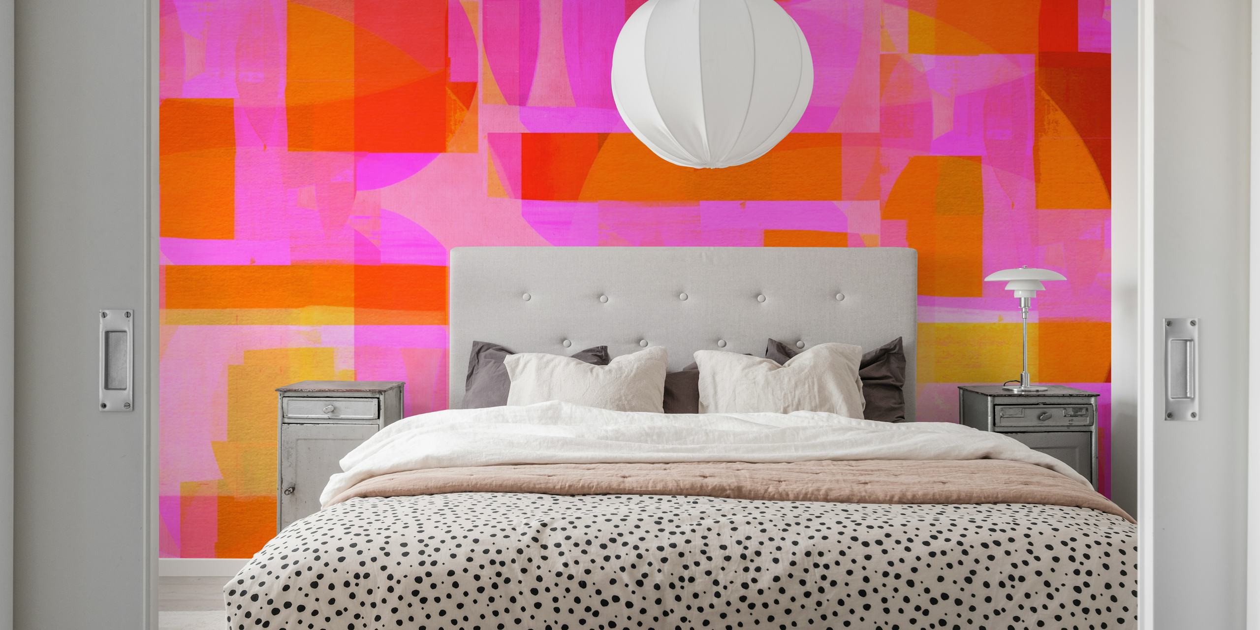 Abstract mid-century Bauhaus style wall mural with geometric shapes in vivid colors