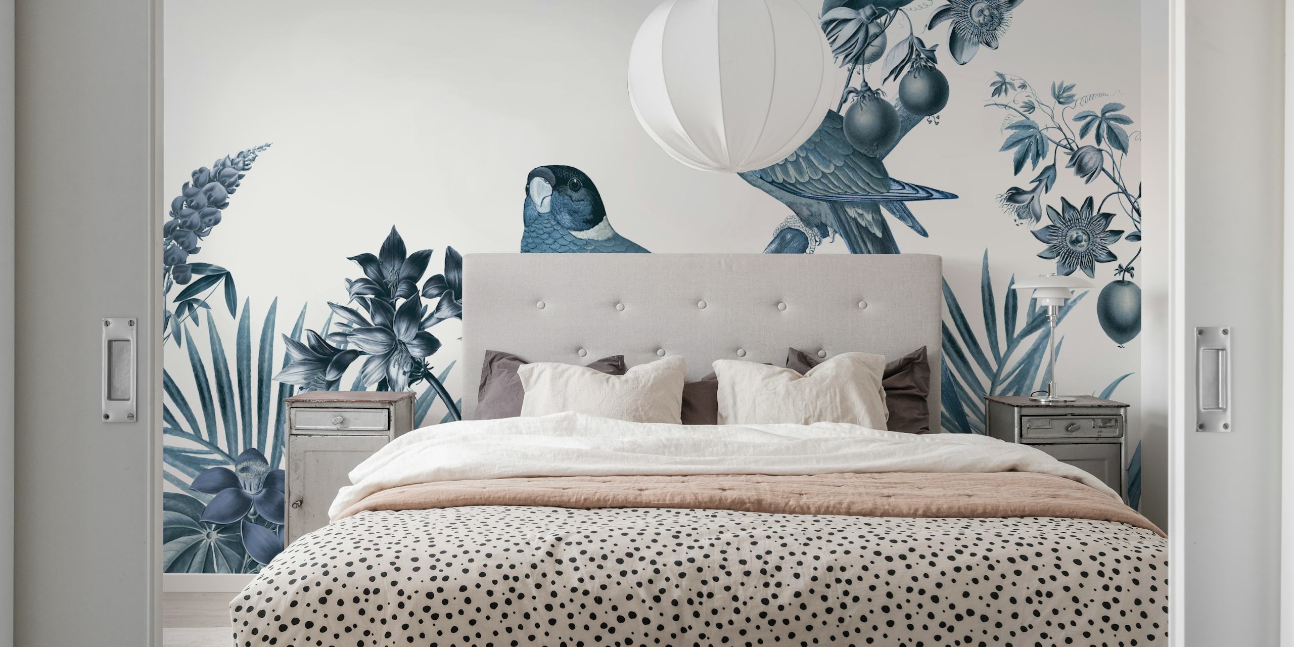 Two blue tropical parrot birds surrounded by floral patterns wallpaper