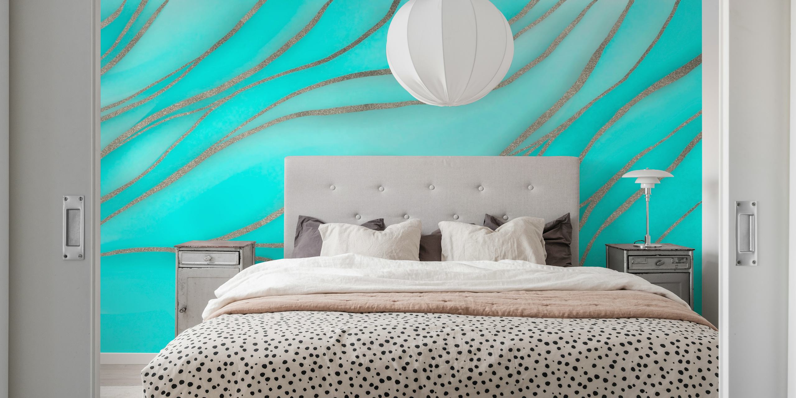 Wavy teal and silver watercolor pattern wallpaper