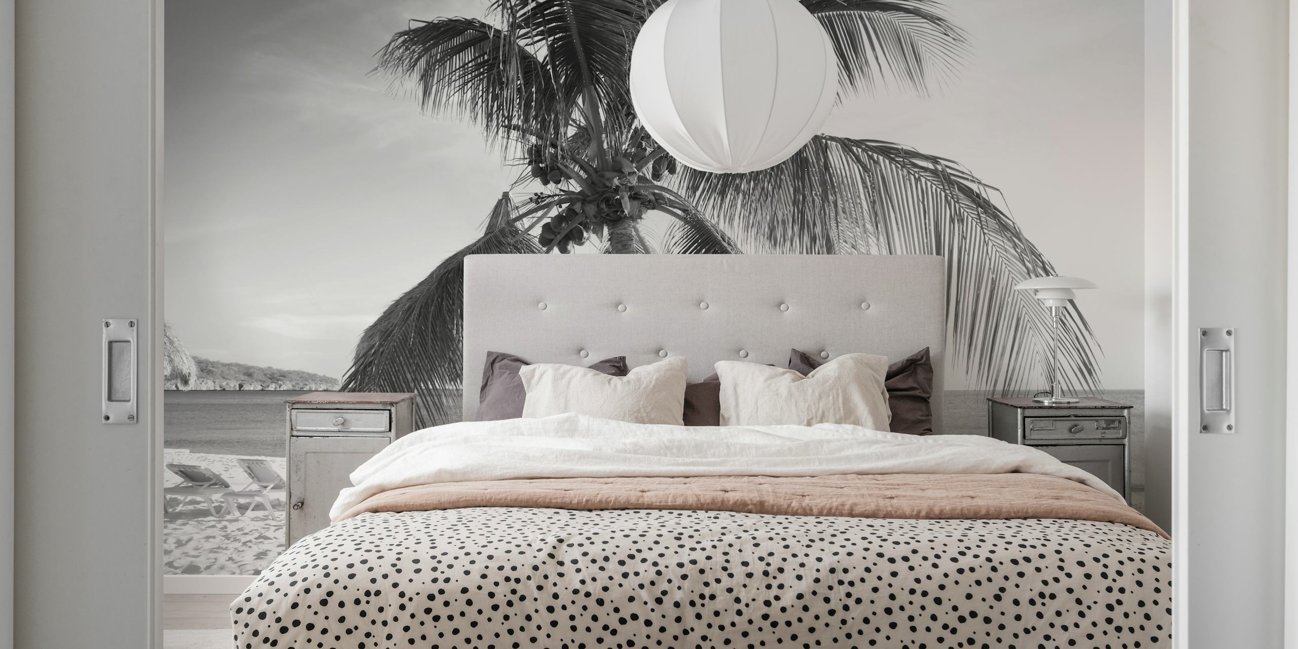 Palm tree on beach in black and white wallpaper