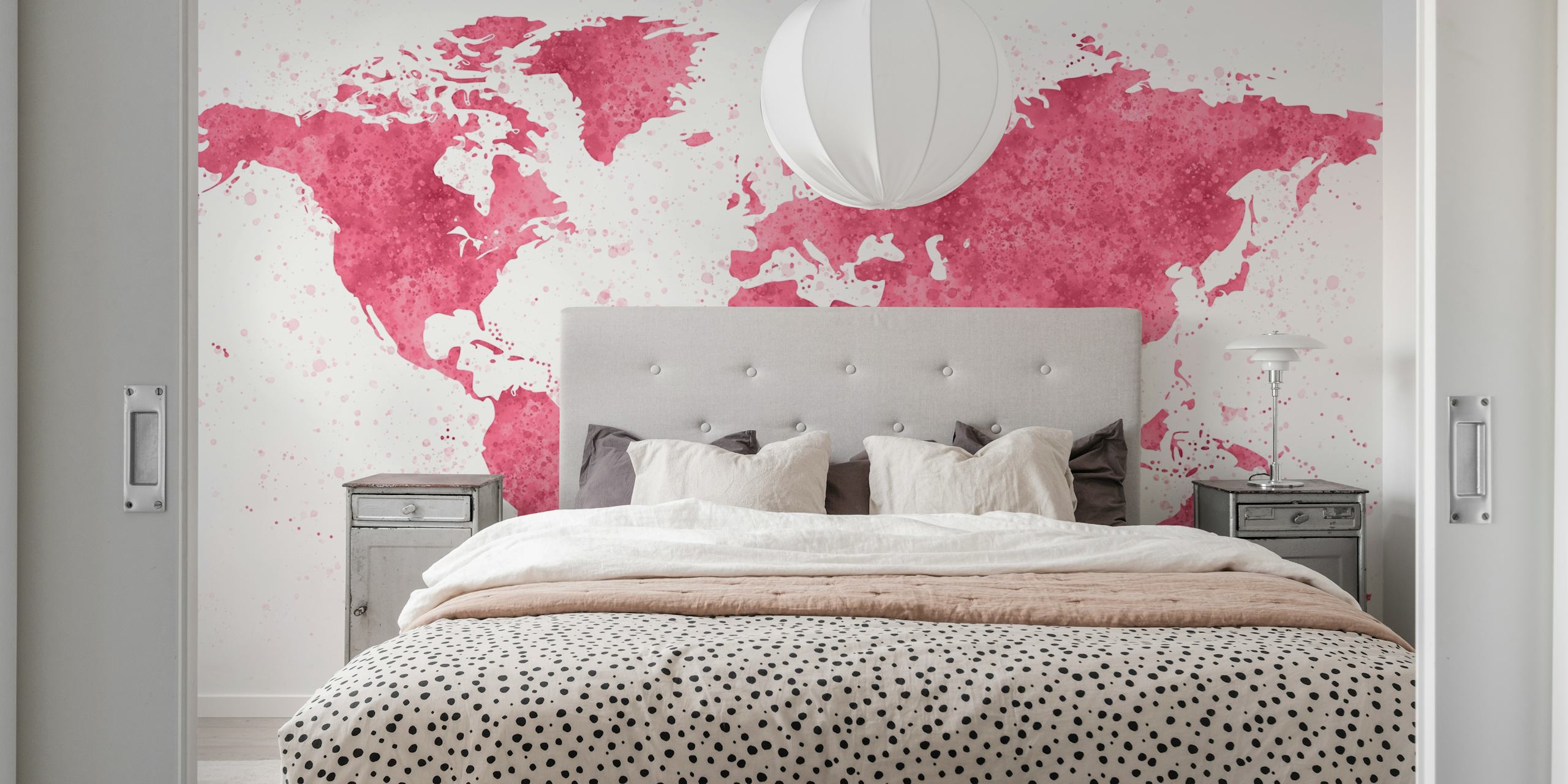 World Map Mural in magenta colors
