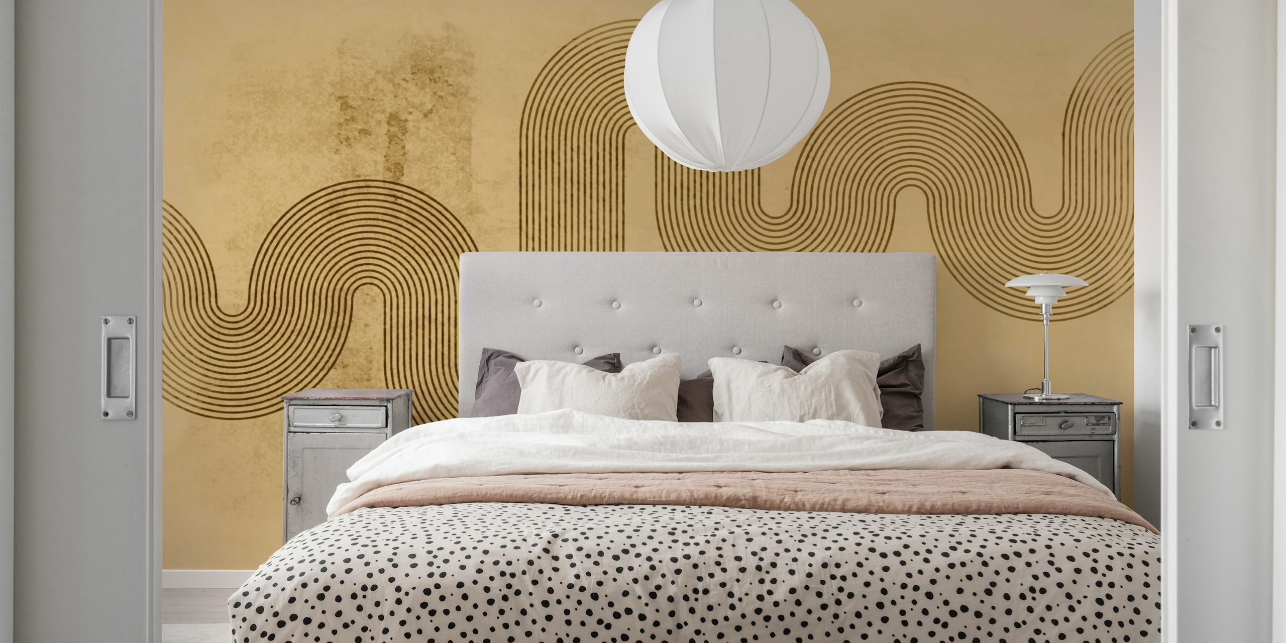 Modern geometric wallpaper with black curved lines on beige background