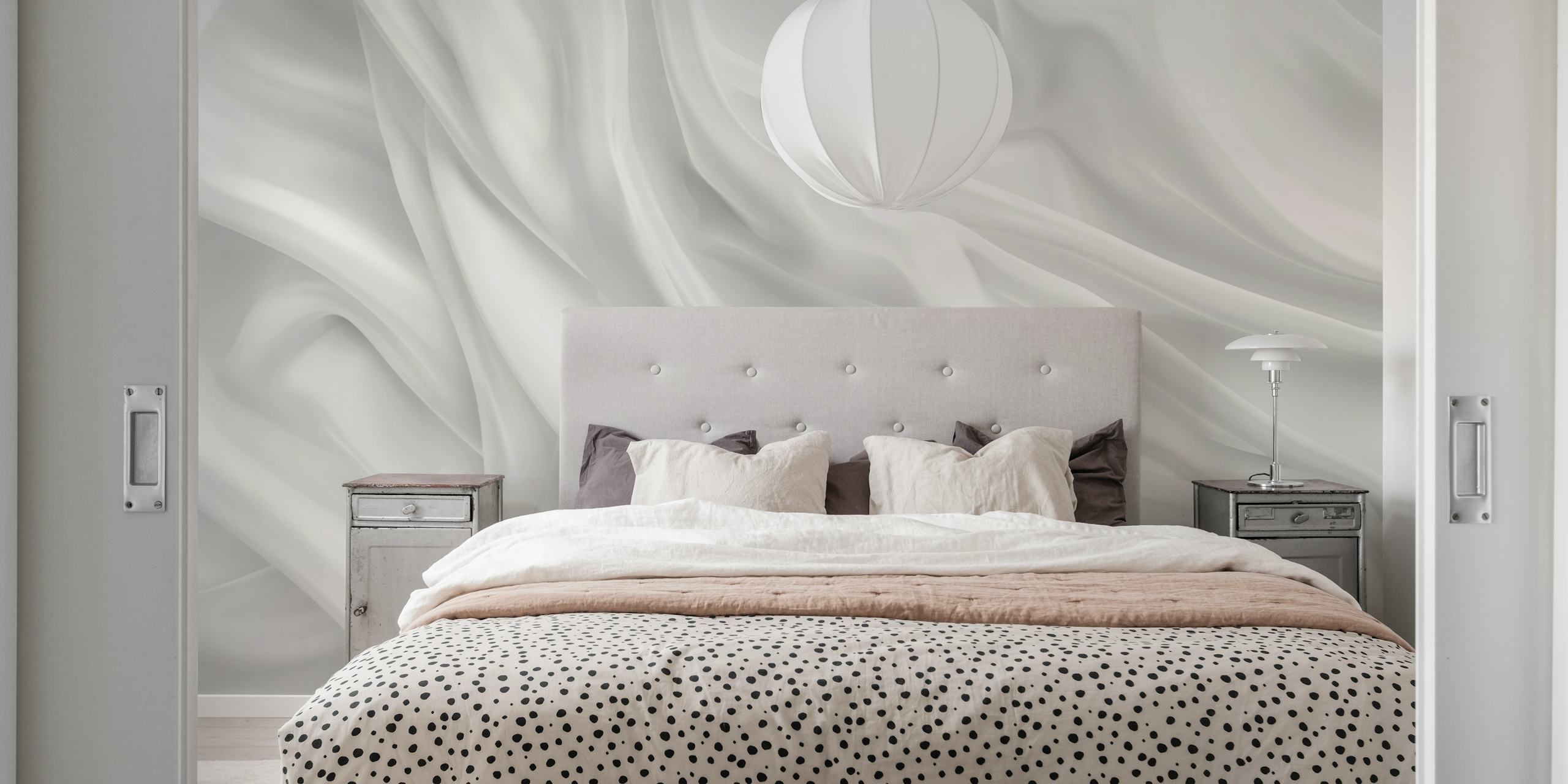 White satin texture wallpaper with flowing folds and smooth finish.