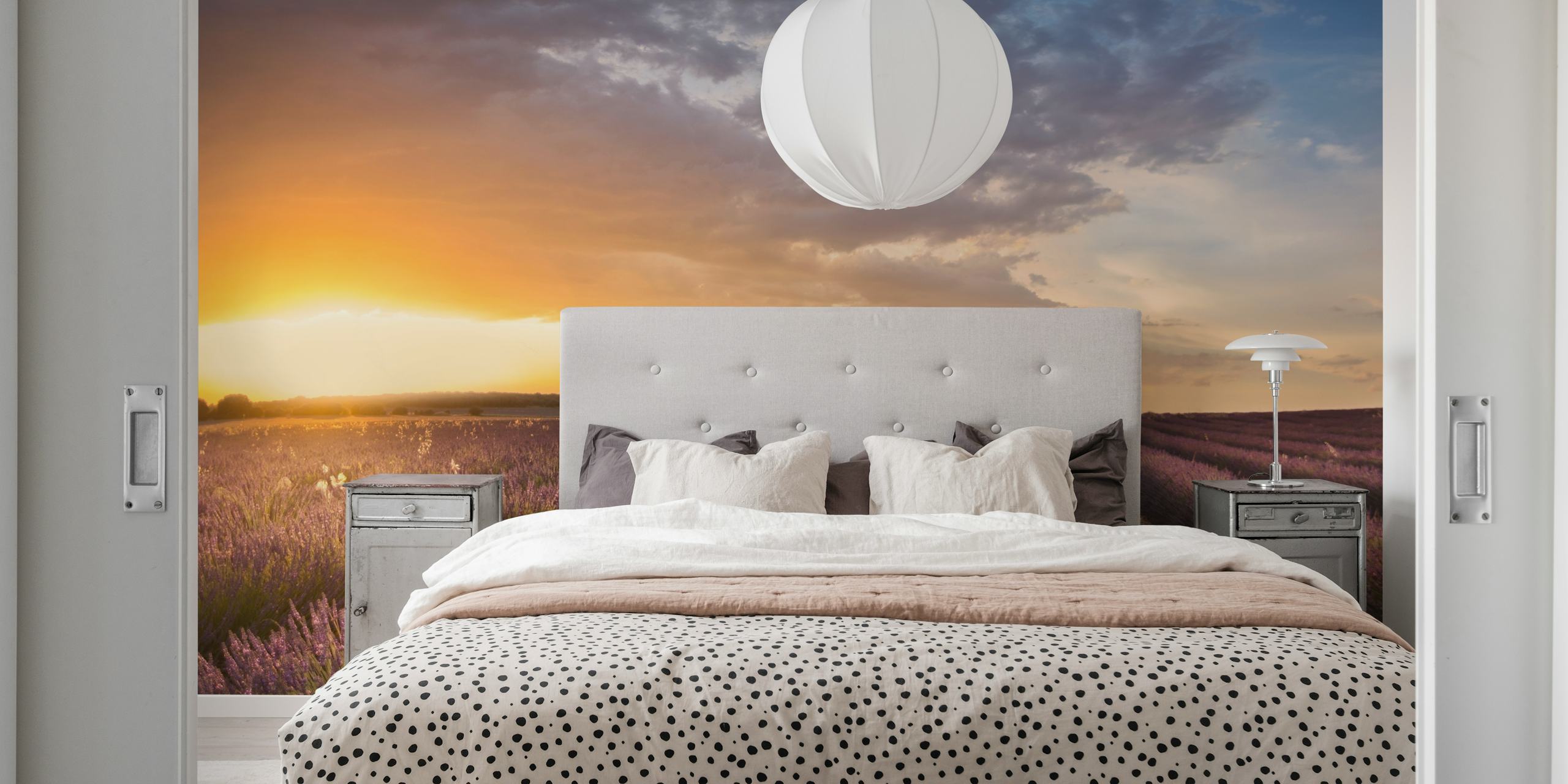 Lavender fields with sunset and a single tree wallpaper