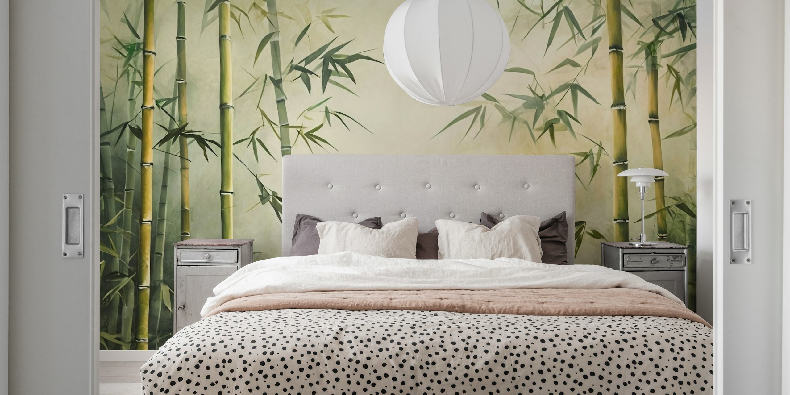 Bamboo stalks and leaves in soft greens and beige wallpaper