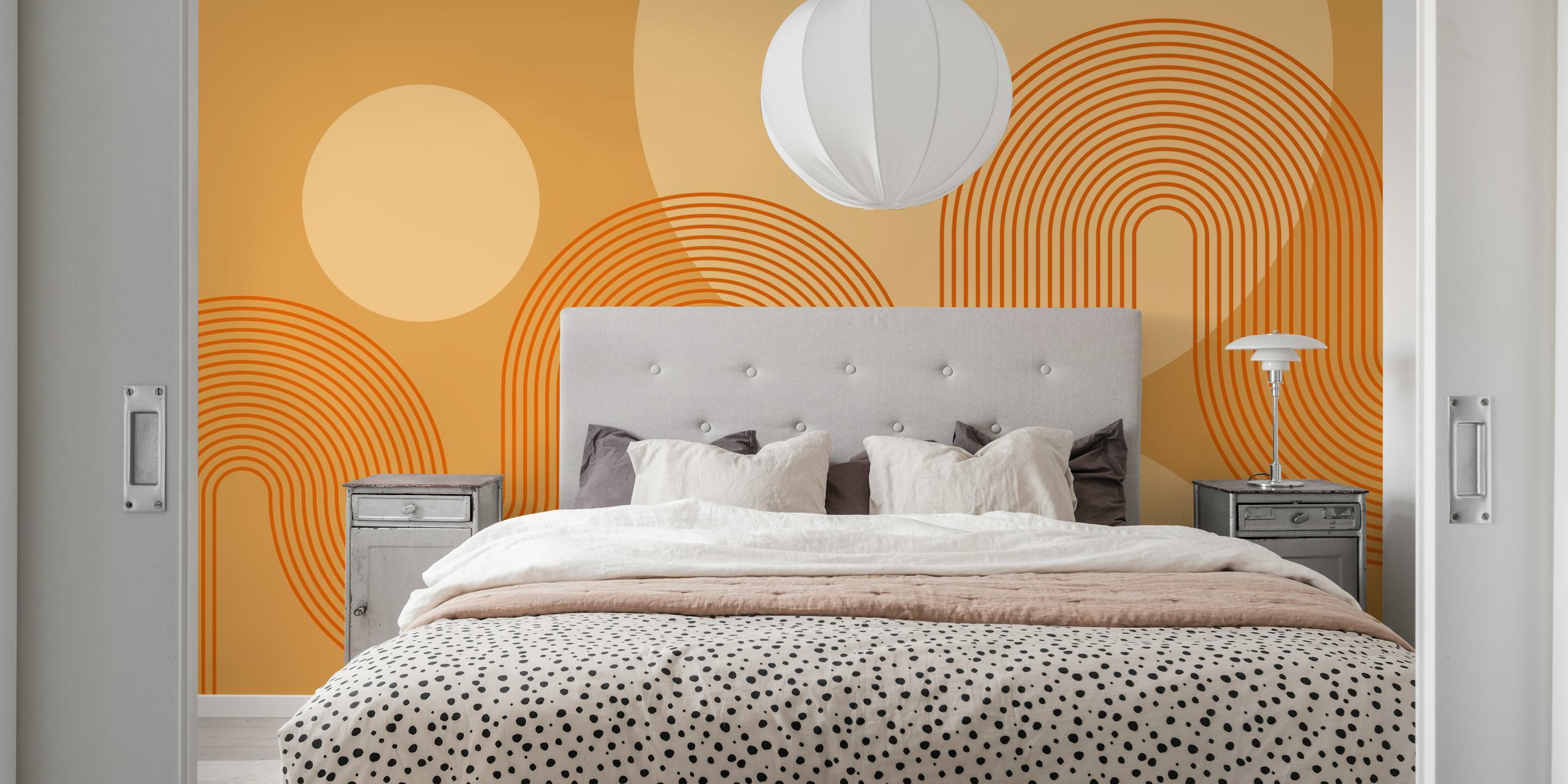 Tan Orange Curvy Lines Tapete in einem Raum