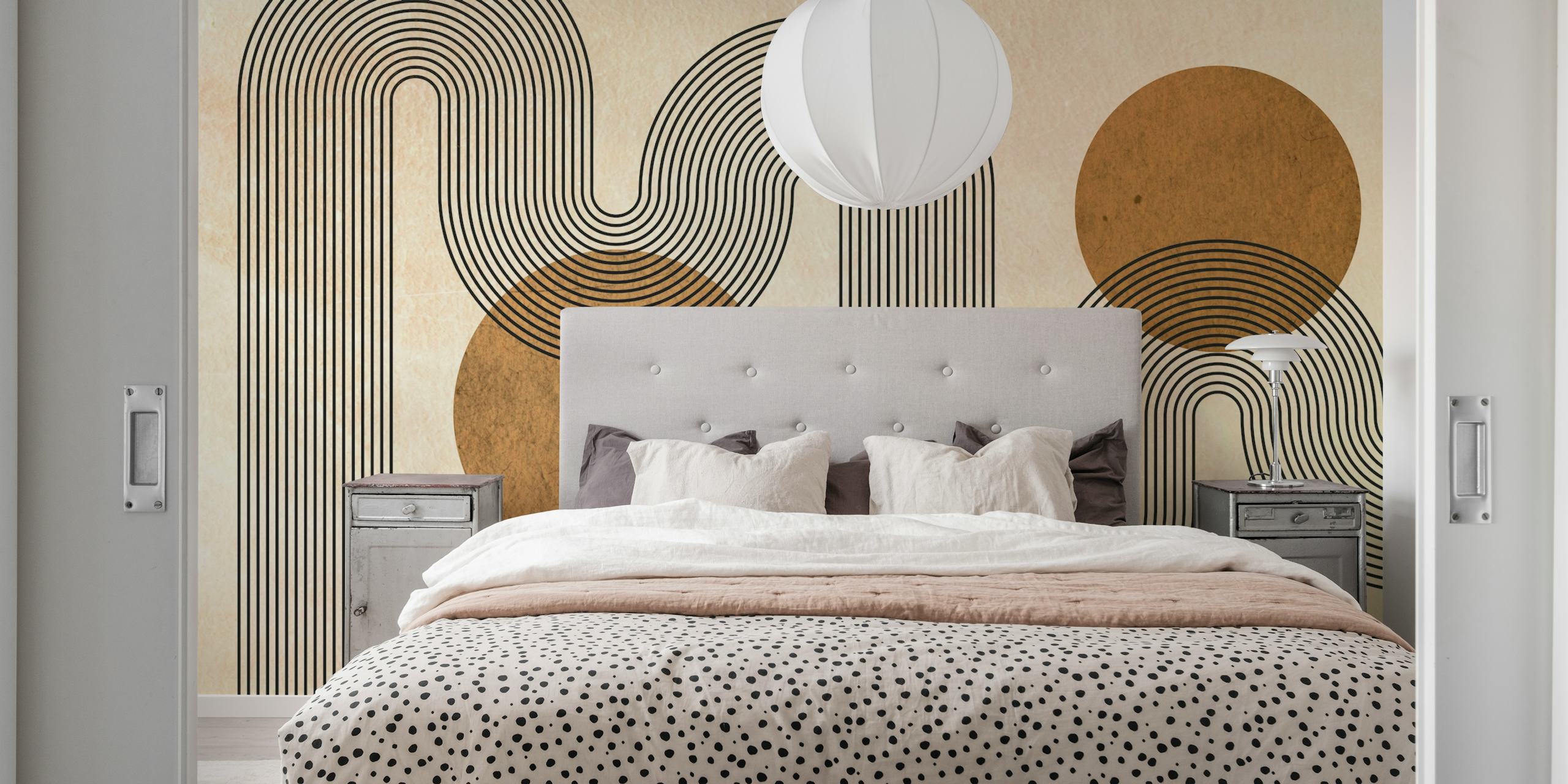 Abstract circular pattern in brown and black on beige wallpaper