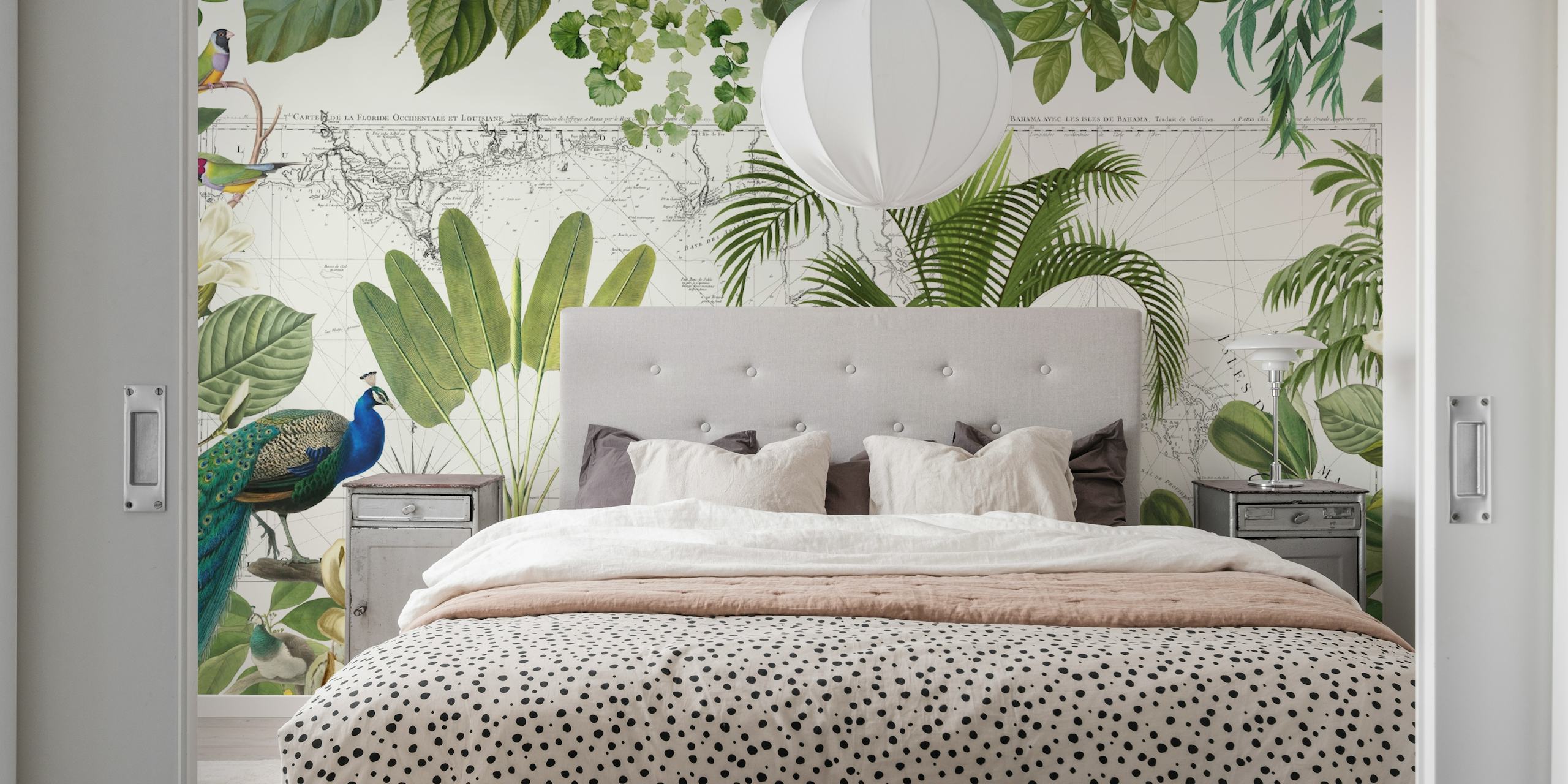 Vintage-inspired Caribbean wall mural with tropical foliage and birds