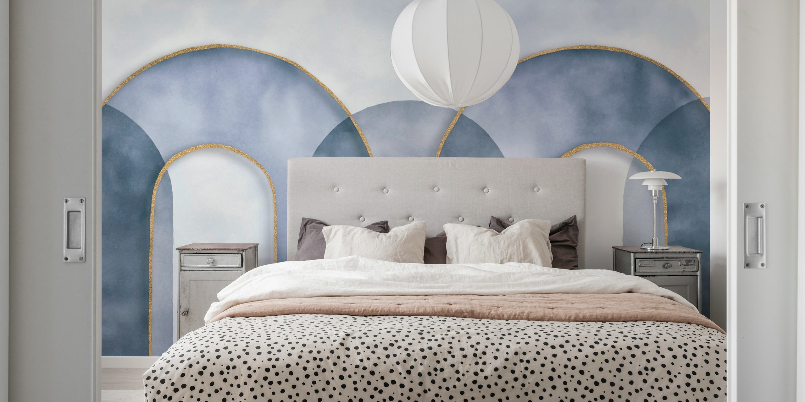 Blue arch watercolor design with gold accents wallpaper