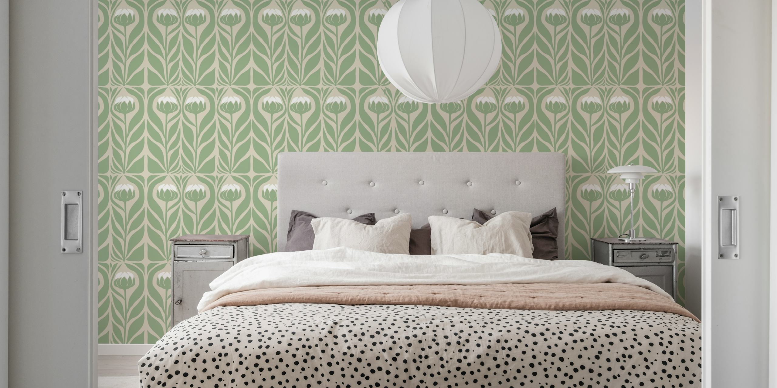 Green flower wallpaper design displayed in a room