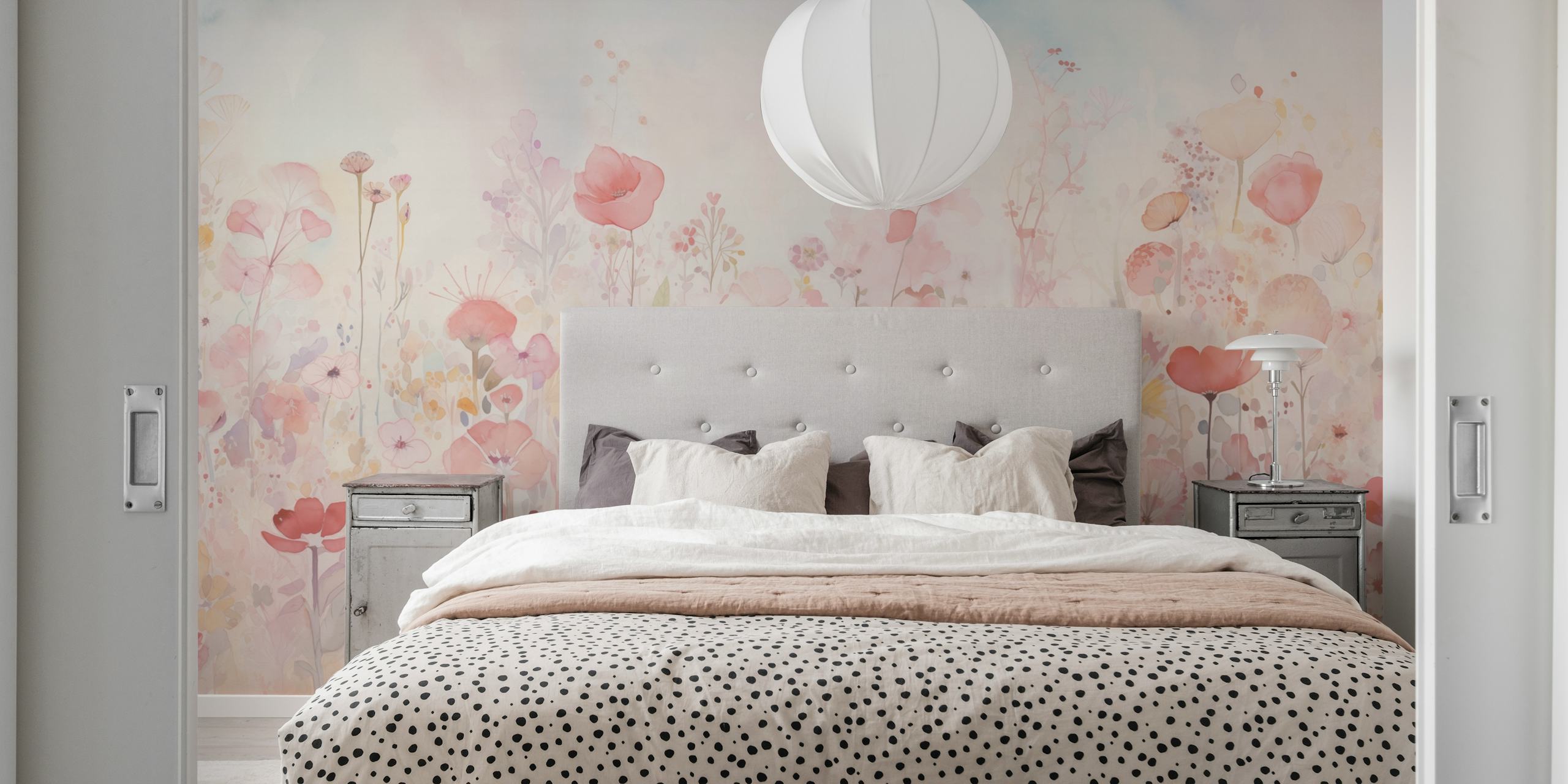 Papel de parede Watercolour happy flowers pastel em um quarto