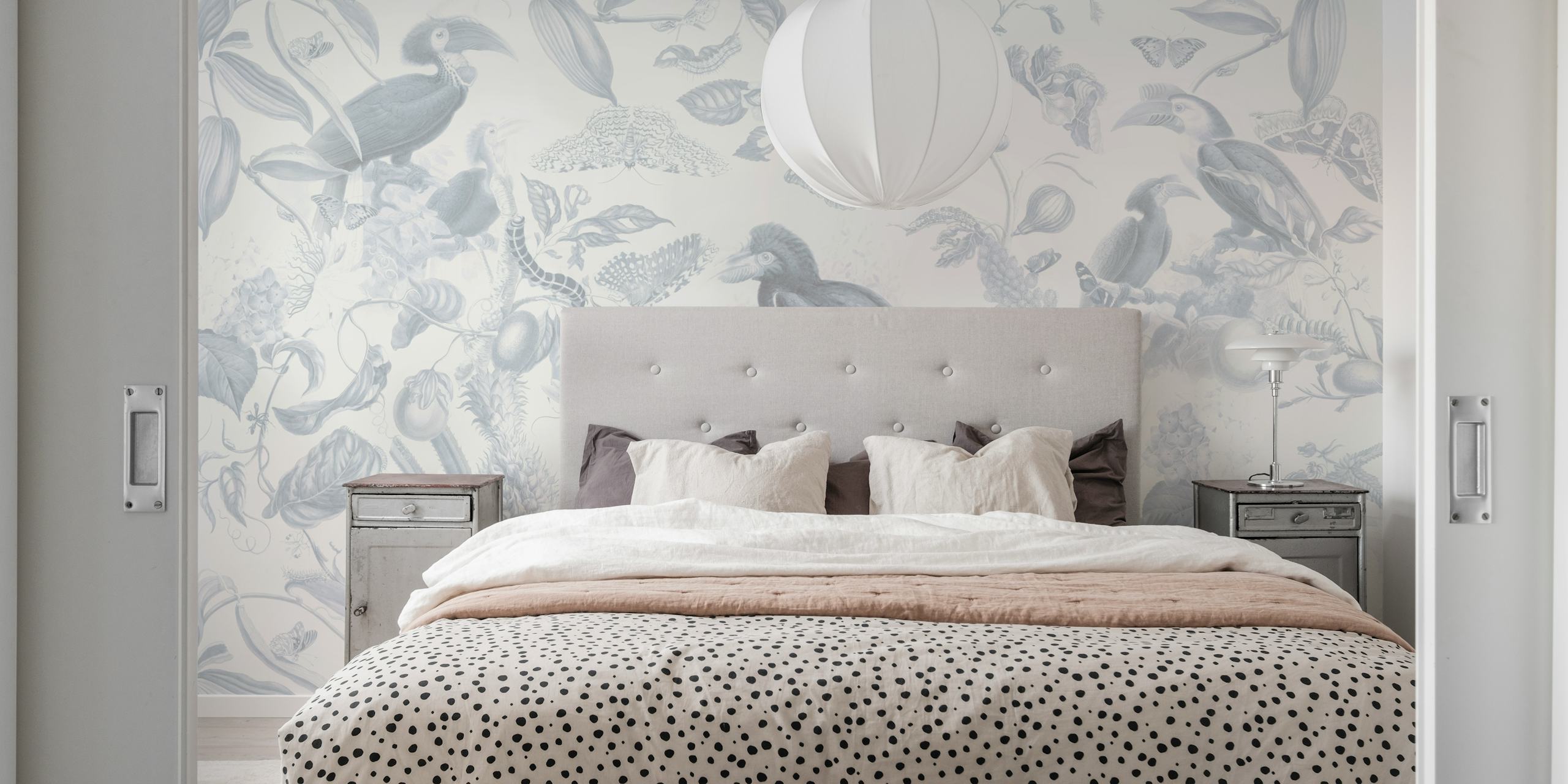 Tropical bird and foliage design in gray tones wallpaper