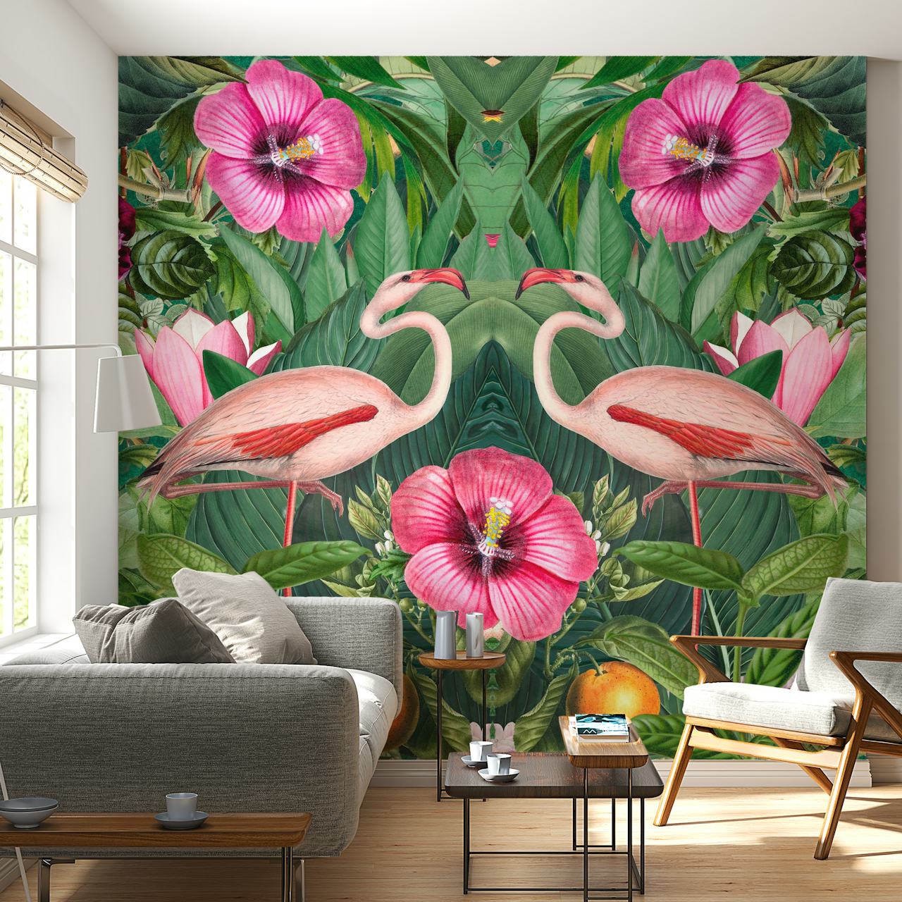 Flamingo Tropical Symmetry tapet i ett rum
