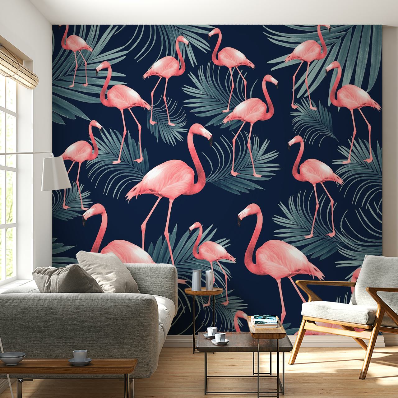 Tropical scene with pink flamingos and palm leaves on dark background wallpaper