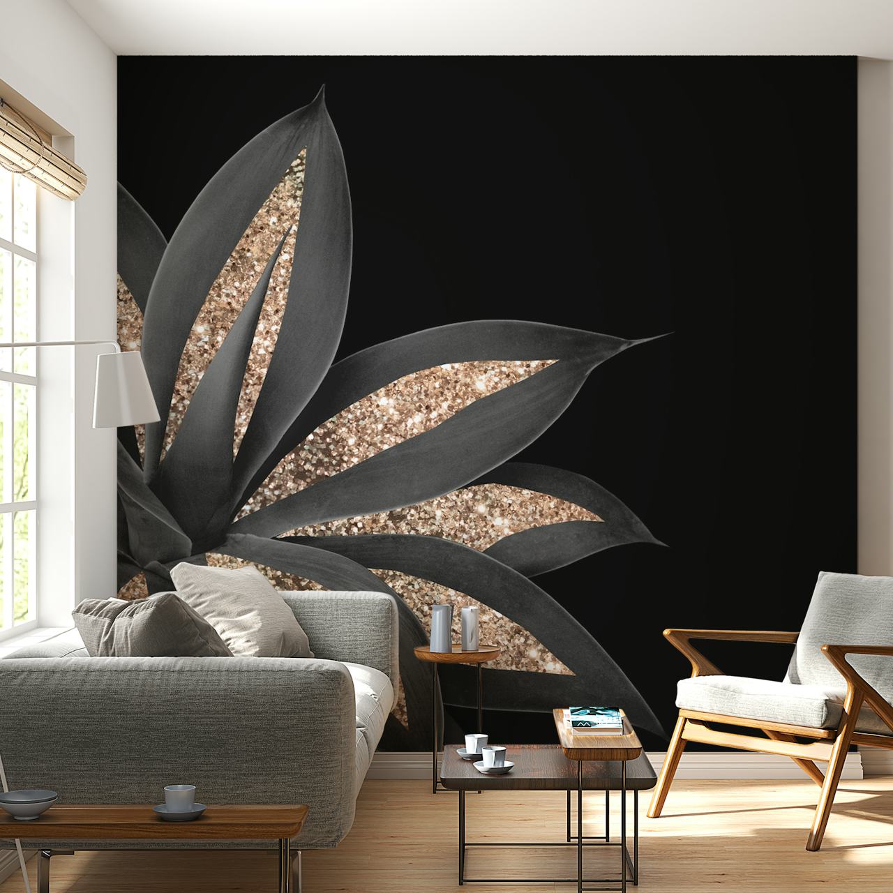 Fotomural silueta de planta de agave con detalles brillantes sobre un fondo oscuro