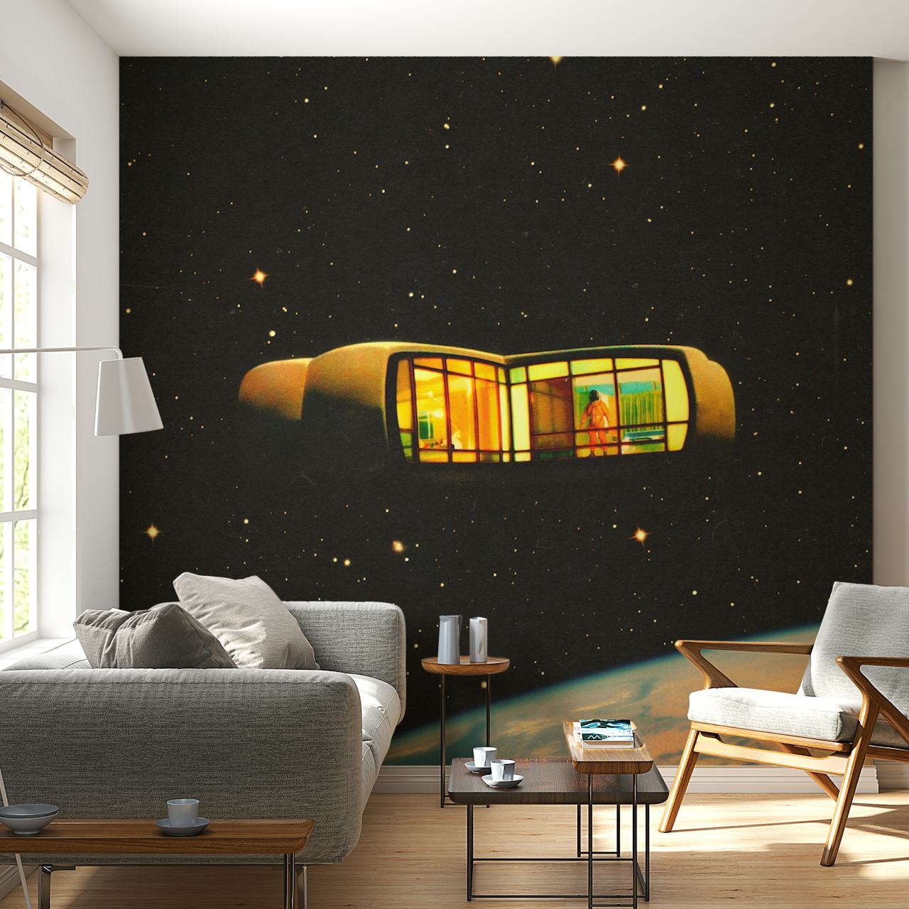 Pod wallpaper displayed in a cozy room