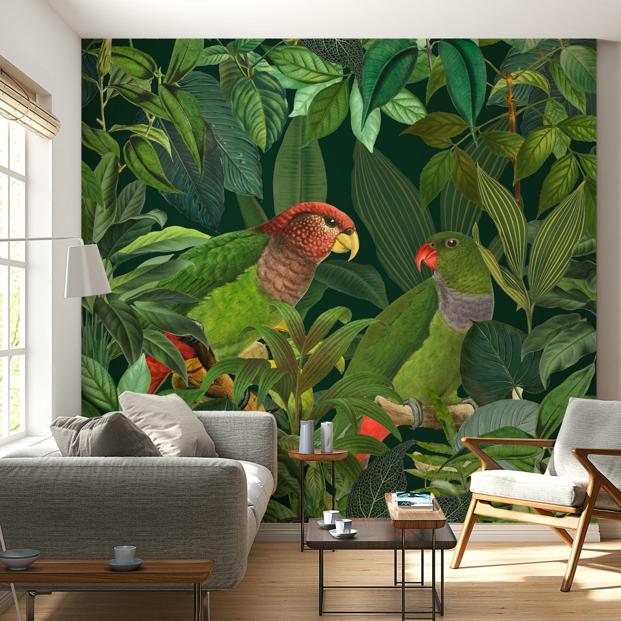 Green Parrots en un papel pintado de temática jungla
