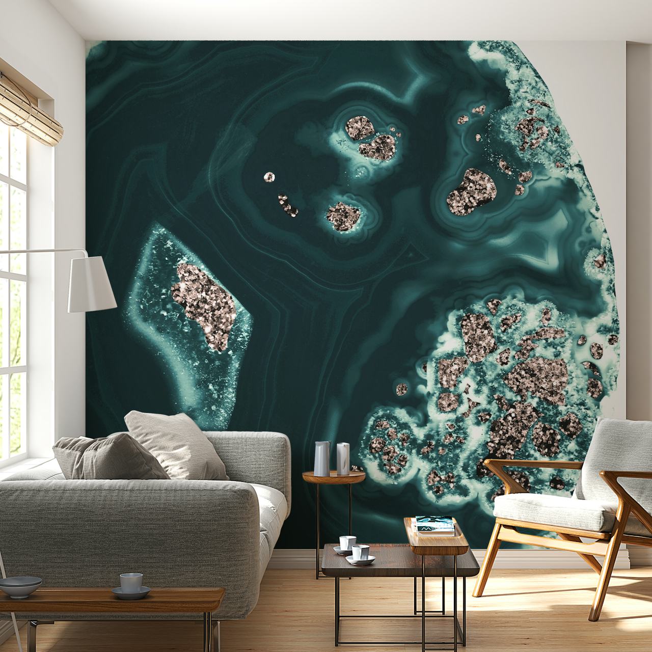 Teal and rose gold glitter abstract pattern wallpaper