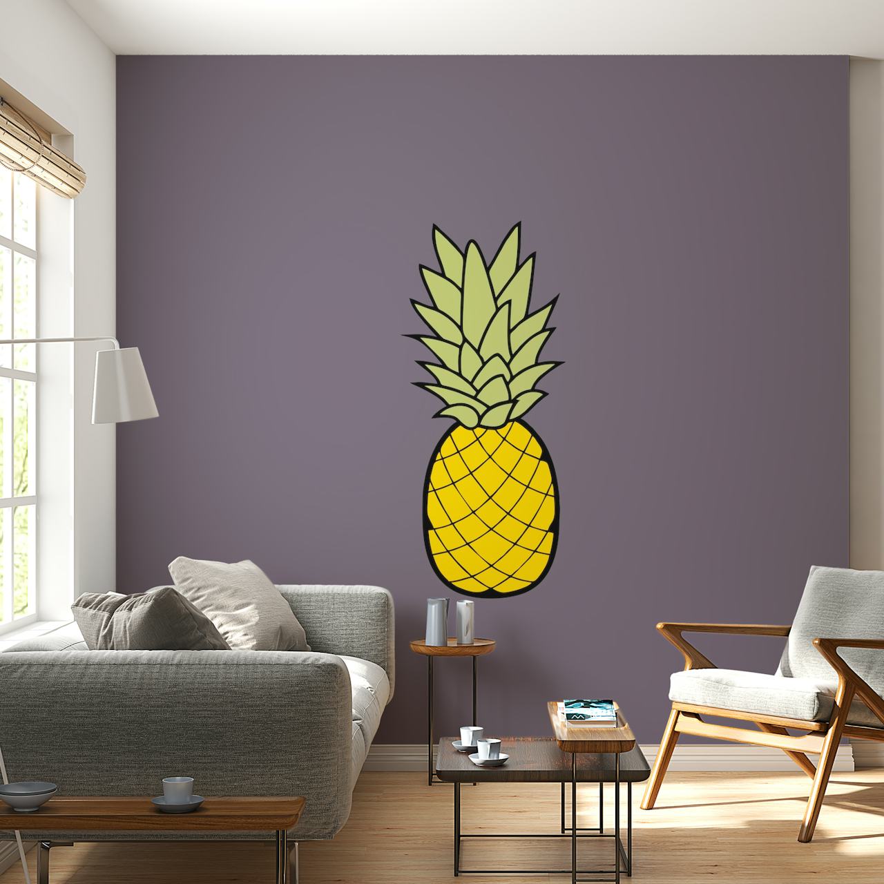 Yellow pineapple illustration on taupe background wall mural