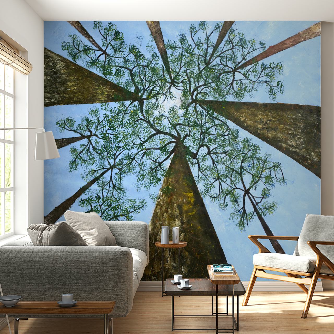 Tree canopy view with blue sky and green foliage wallpaper
