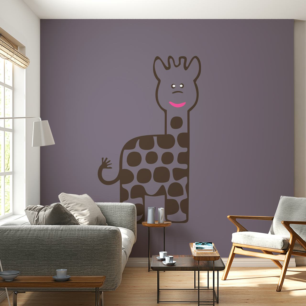 Dark plum violet giraffe wallpaper in a room