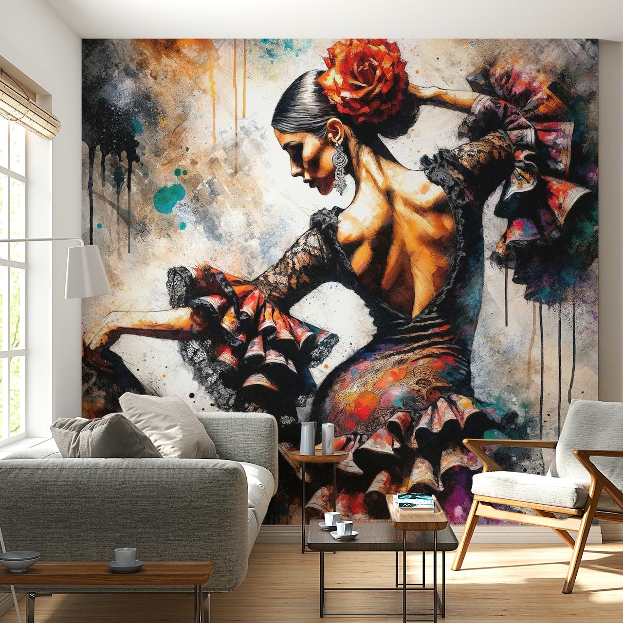 Watercolor Flamenco Dancer wallpaper in a room