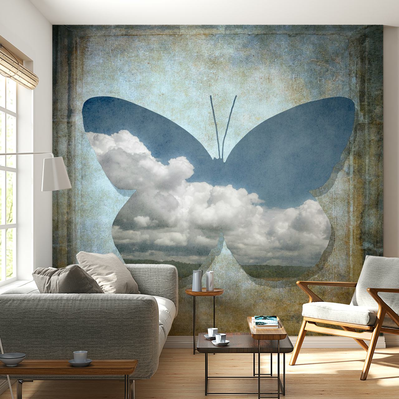 Butterfly silhouette with clouds inside on textured background wallpaper