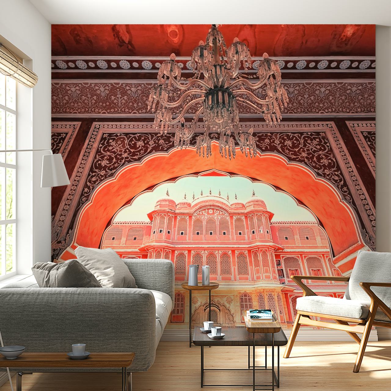 Intricate architecture with warm colors and chandelier wallpaper