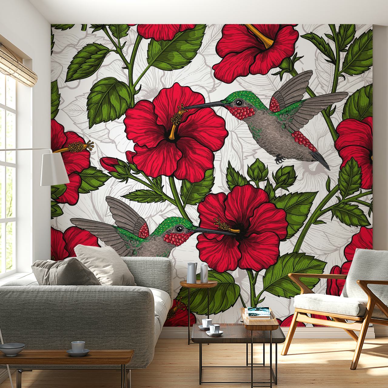 Hibiscus and Hummingbirds Veggmaleri med livlige røde blomster og flagrende fugler