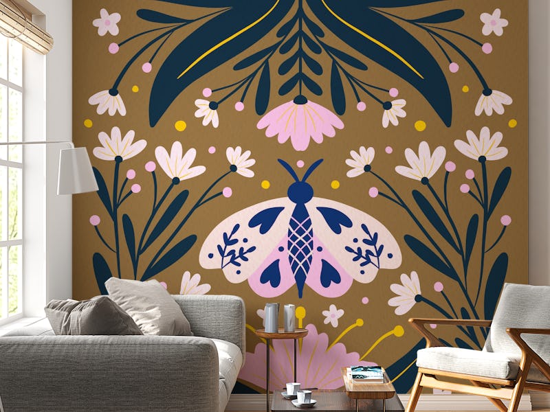Folk art moth Golden Brown and Pink