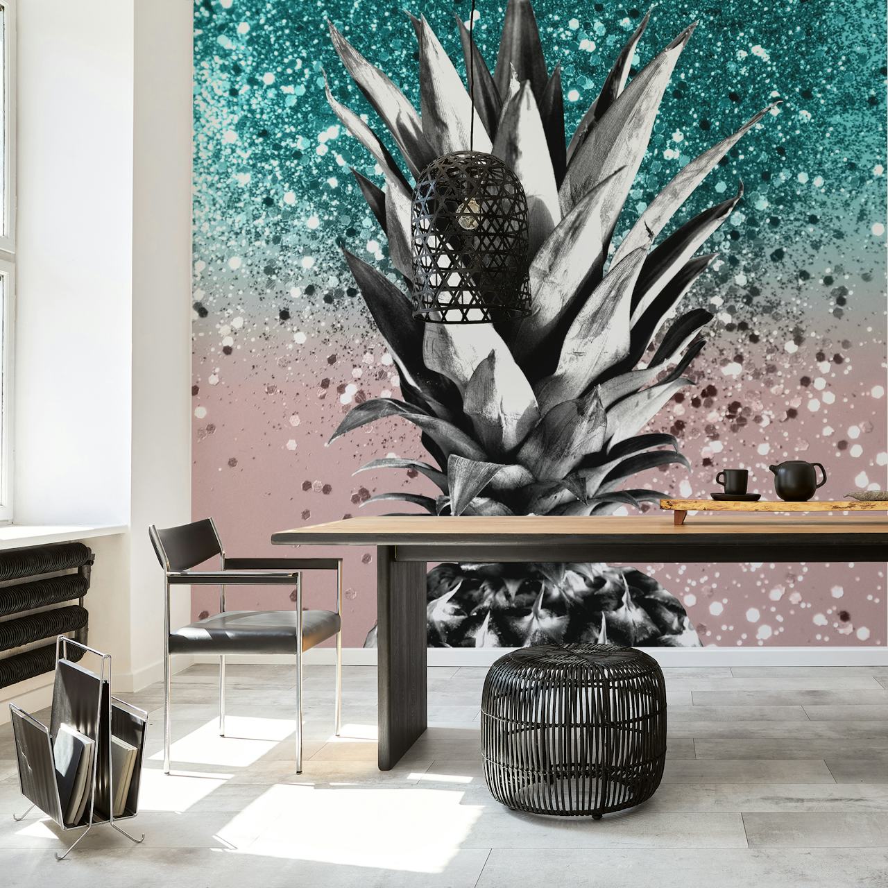 Stylizovaný ananas na třpytivé tyrkysové a třpytivé pozadí pro fototapetu