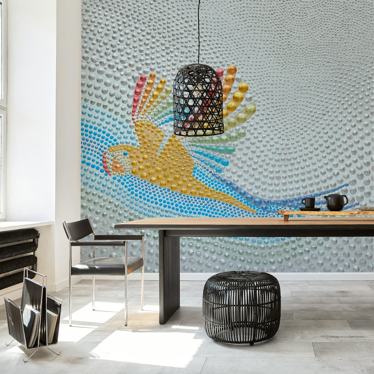 Rainbow parrot wallpaper in a room