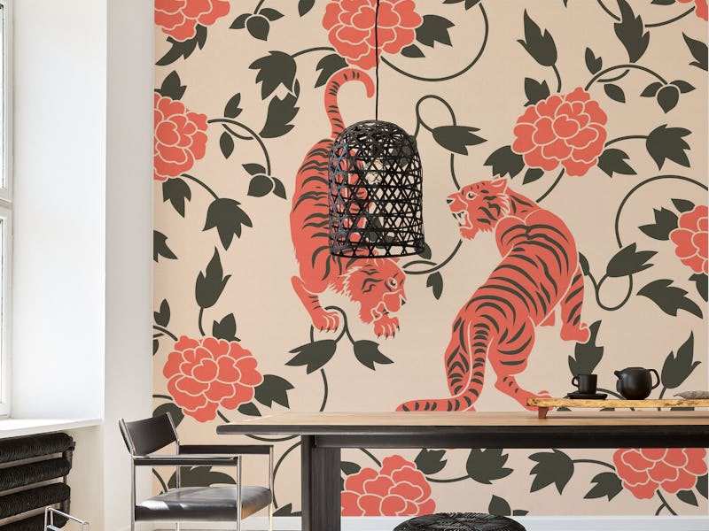 Chinese Vintage Tigers Floral Mural