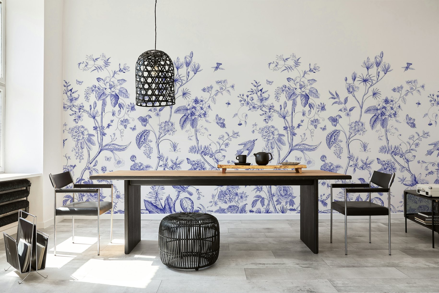 Oriental and Botanical design elements in Blue Chinoiserie Removable Wallpaper