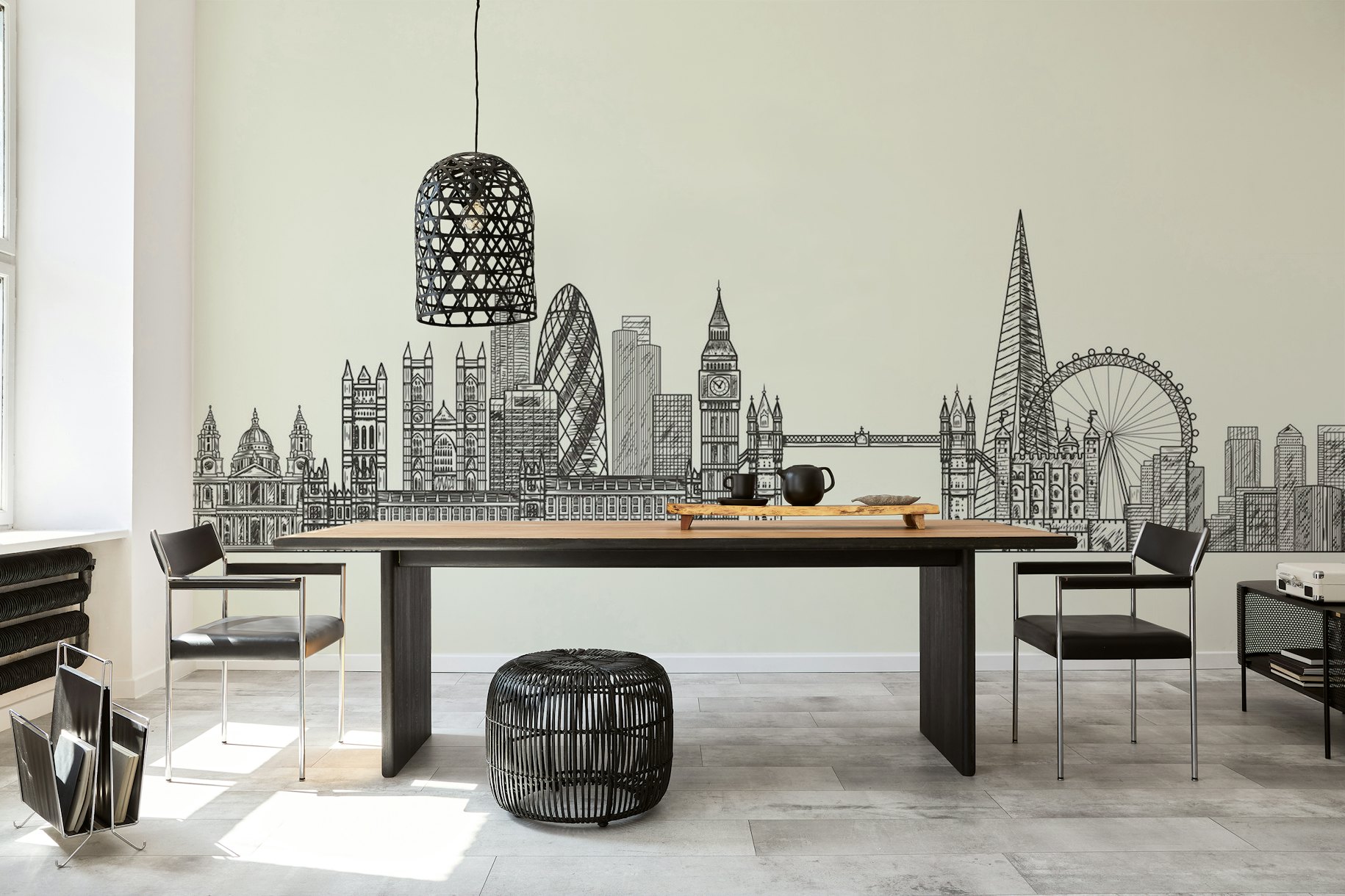 Black and White London skyline wallpaper featuring Big Ben and other iconic landmarks