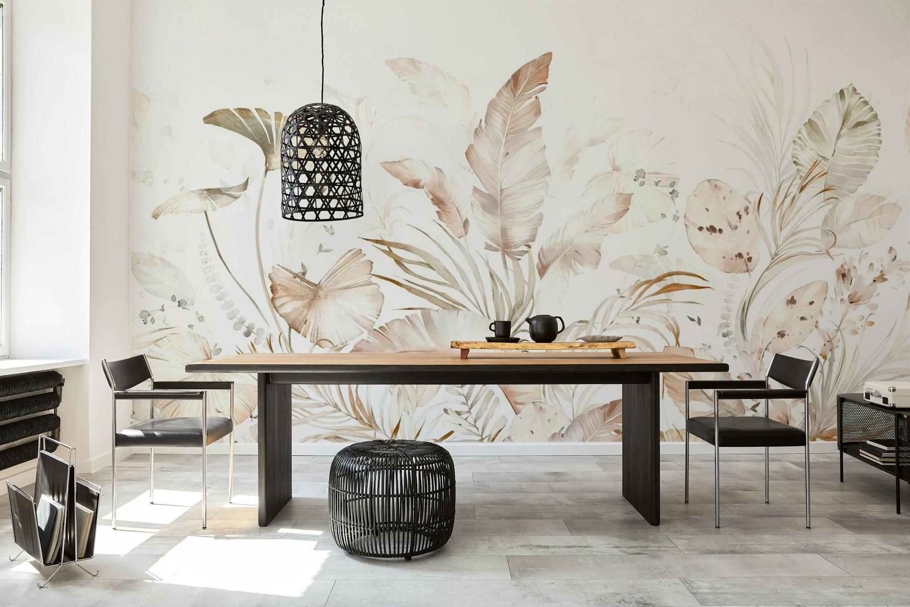 Tropical plants beige wallpaper