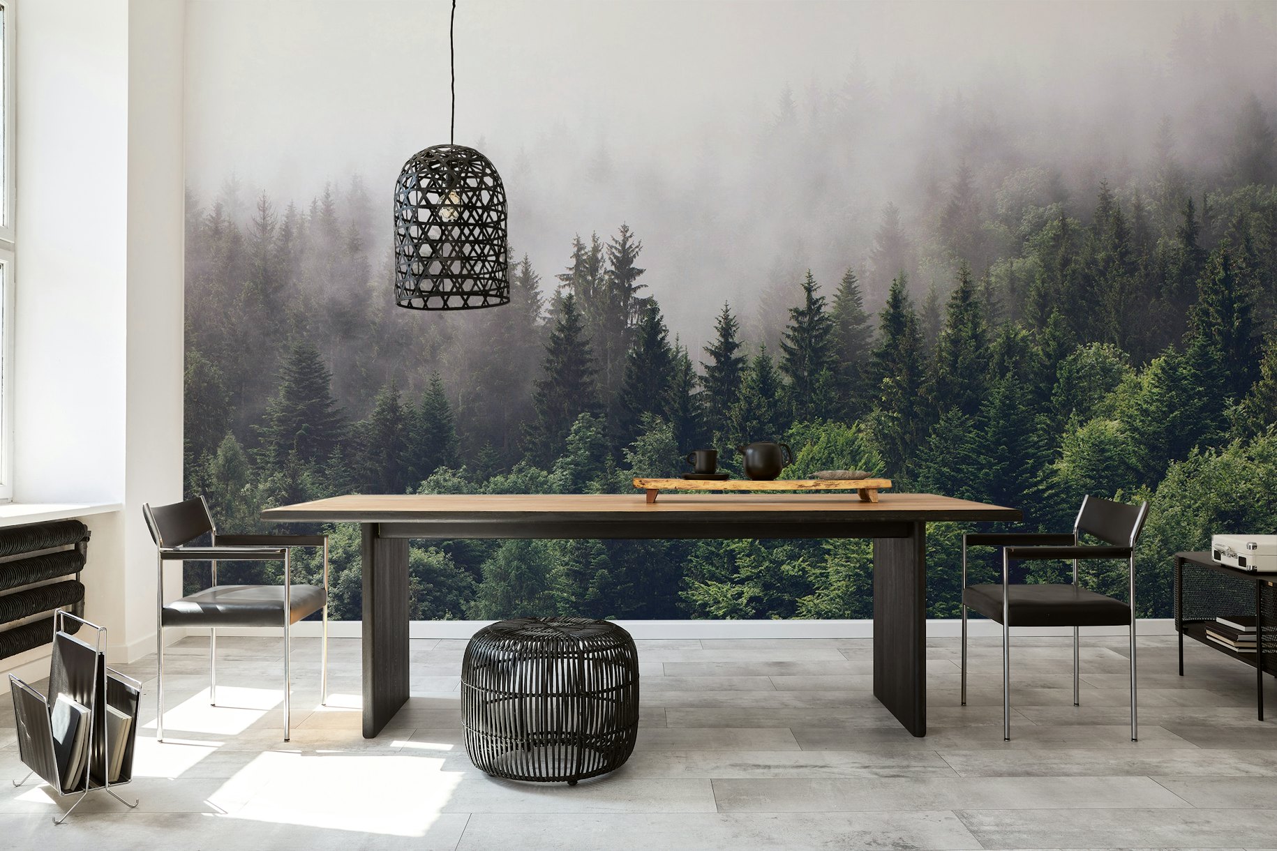 A beautiful Cloudy Forest Wall Mural with fog weaving through tall trees