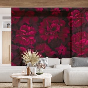 Velveteen Dark Moody Flowers Burgundy Red Wallpaper